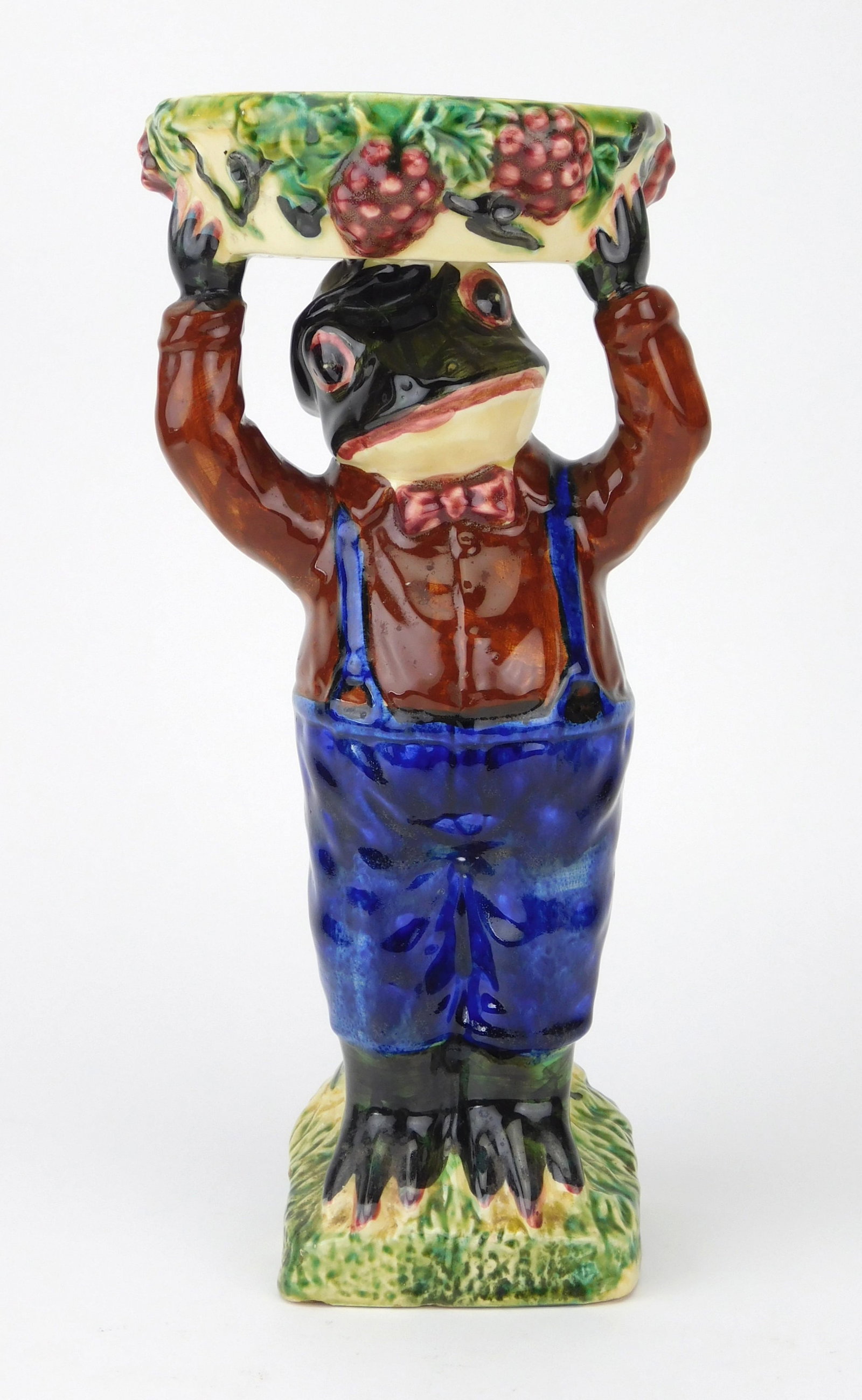 20th c. Majolica card holder: in the form of a standing frog in a bow tie holding a bowl over his head. 12 1/4"h Provenance: Private collection- Ashtabula, OH