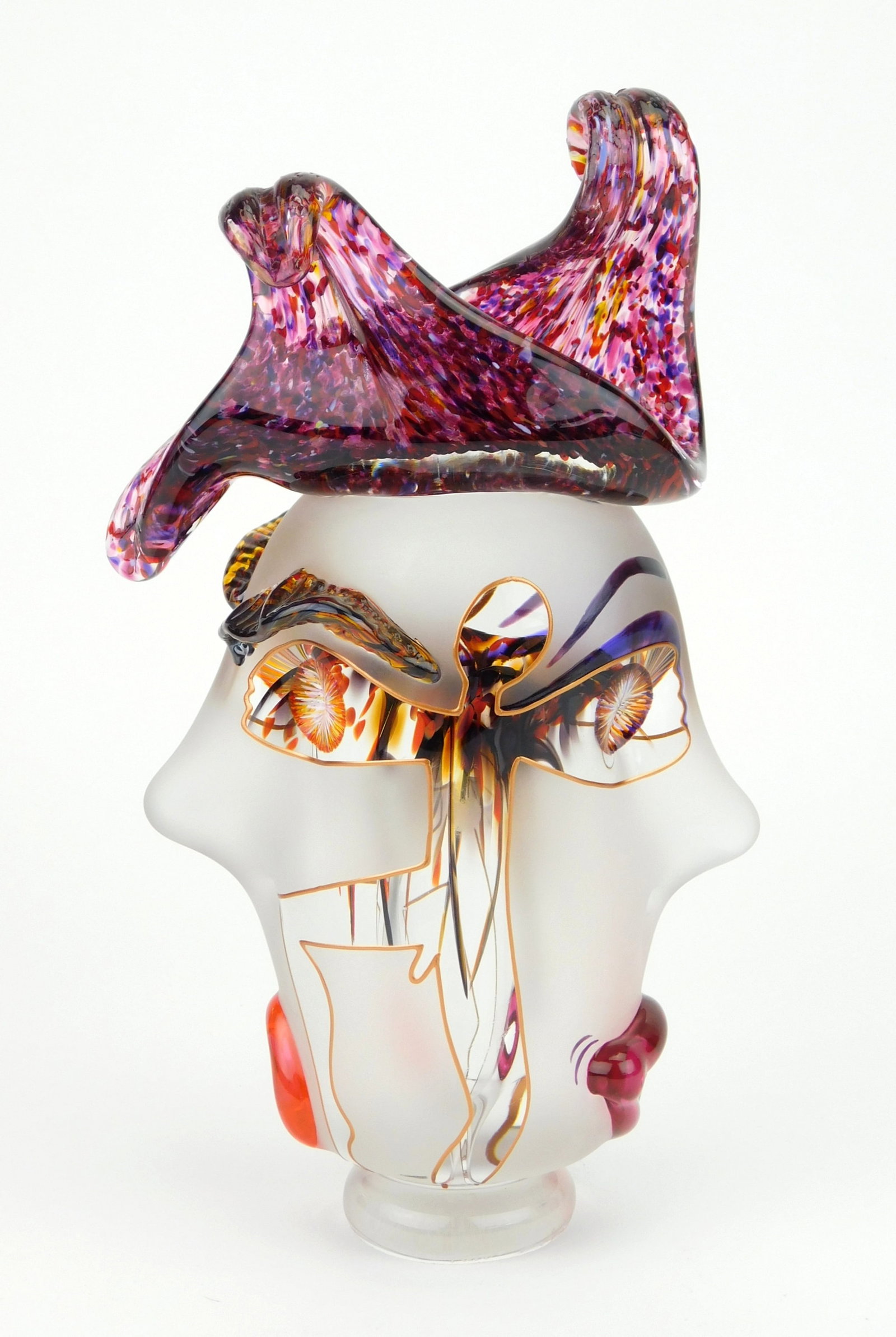 Kurt & Lynda Carlson art glass sculpture: art glass sculpture, whimsical faces, 1999, signed and dated on bottom. 10 1/2 x 5 1/2 x 4" Provenance: Private collection- Lakewood, OH