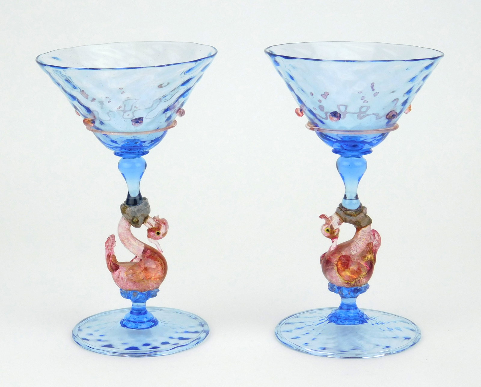 Pair of 20th c. hand blown art glass goblets (1 of 5)
