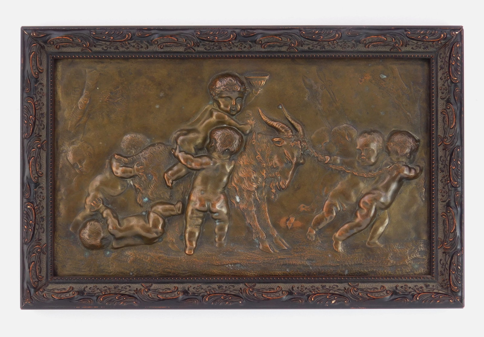 after Clodion (French, 1738-1814) bronze plaque: Putti and Ram bronze plaque, framed. 7 x 12 1/4" Provenance: Private collection- Lakewood, OH