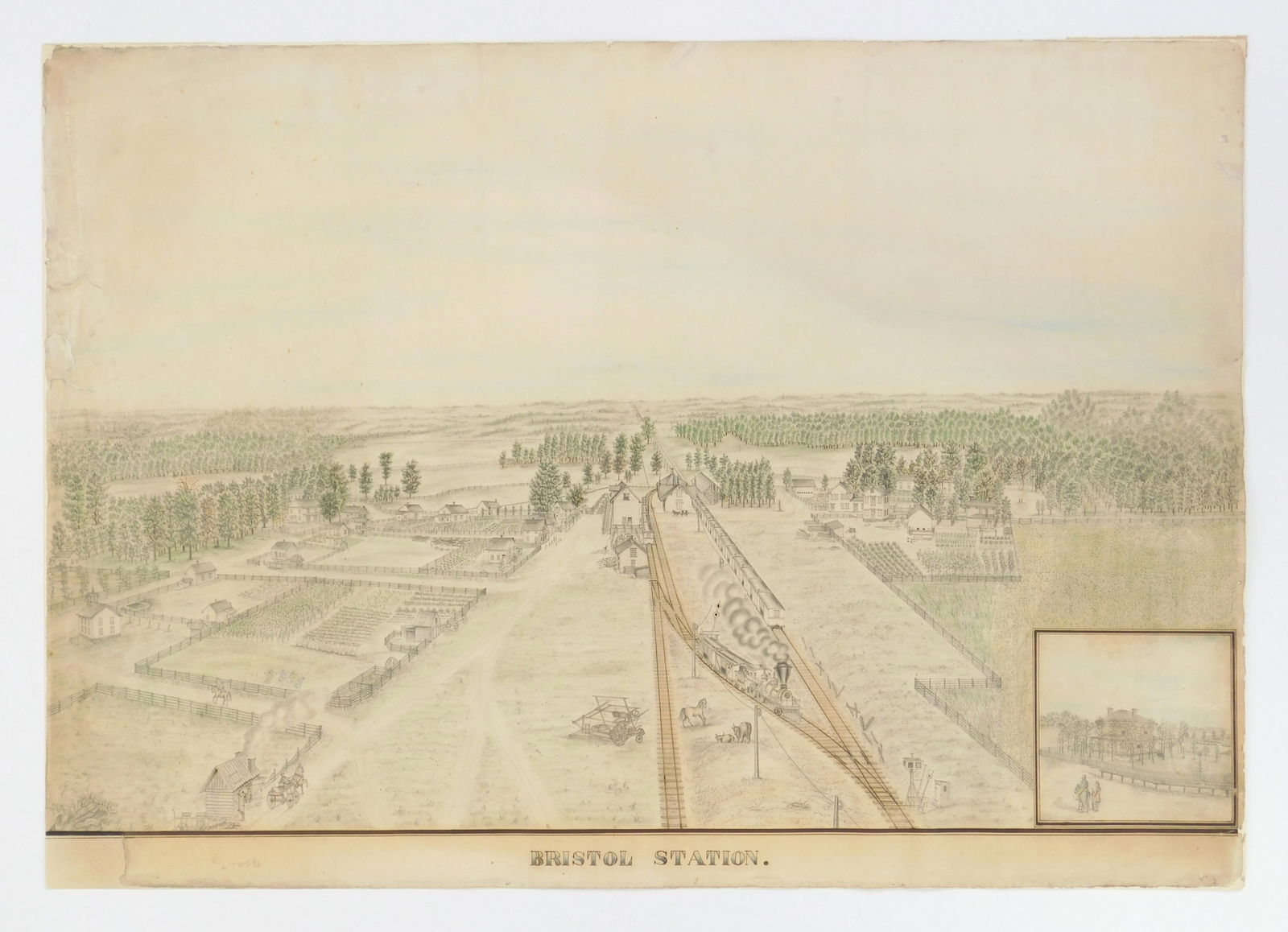 J. N. Mirell (American, 19th/ 20th c. ) graphite and ink: Bristol Station graphite, colored pencil and ink on paper. 19 1/4 x 27 1/4" Provenance: The lifetime collection of Darwin Bearley- Akron, OH