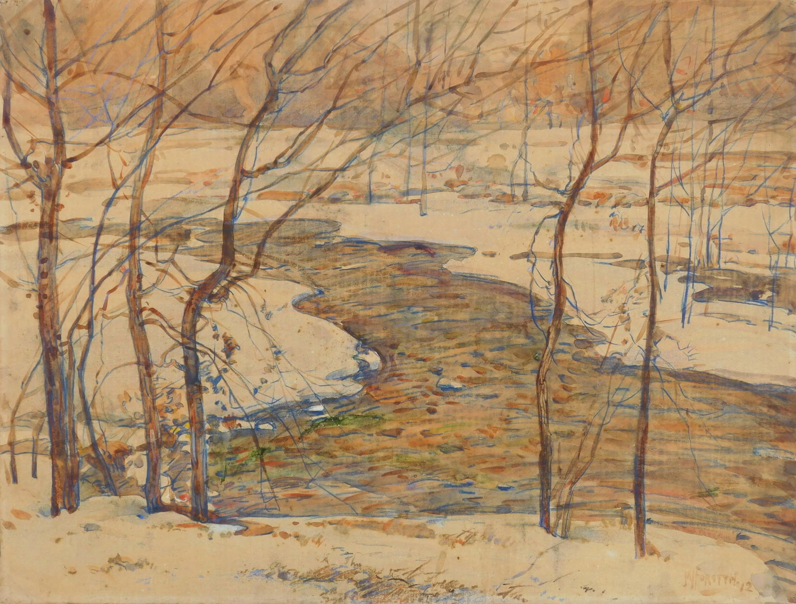 William Forsyth (American, 1854-1935) watercolor: Winter Landscape with Stream watercolor on illustration board, 1912, signed and dated W. Forsyth '12 lower right. 14 7/8 x 19 3/4'' Provenance: Private collection- Rocky