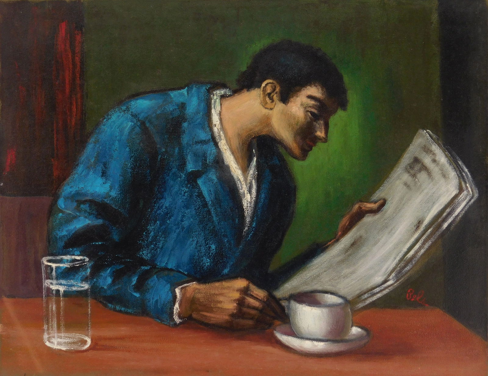 Albert Pels (American, 1910-1998) oil: The Morning Newspaper oil on canvas, signed and titled verso. 13 3/4 x 18" Provenance: Private collection- New York, NY; By descent estate of the artist.