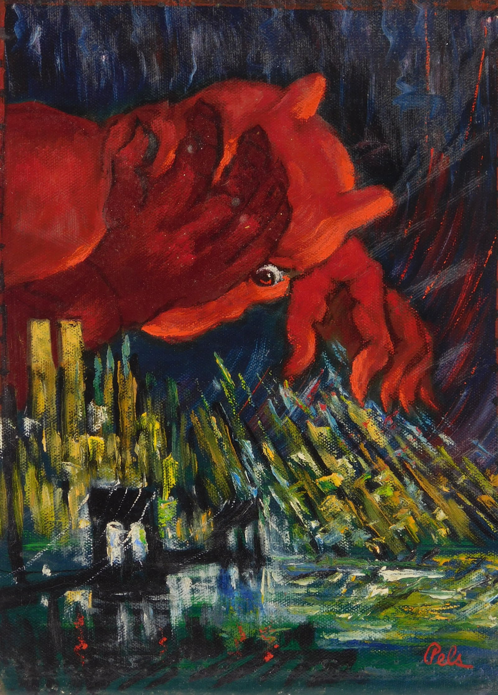 Albert Pels (American, 1910-1998) oil: The Kaputz of Mother Earth oil on canvas, signed Pels lower right, titled verso. 12 1/8 x 9" Provenance: Private collection- New York, NY; By descent estate of the artist.