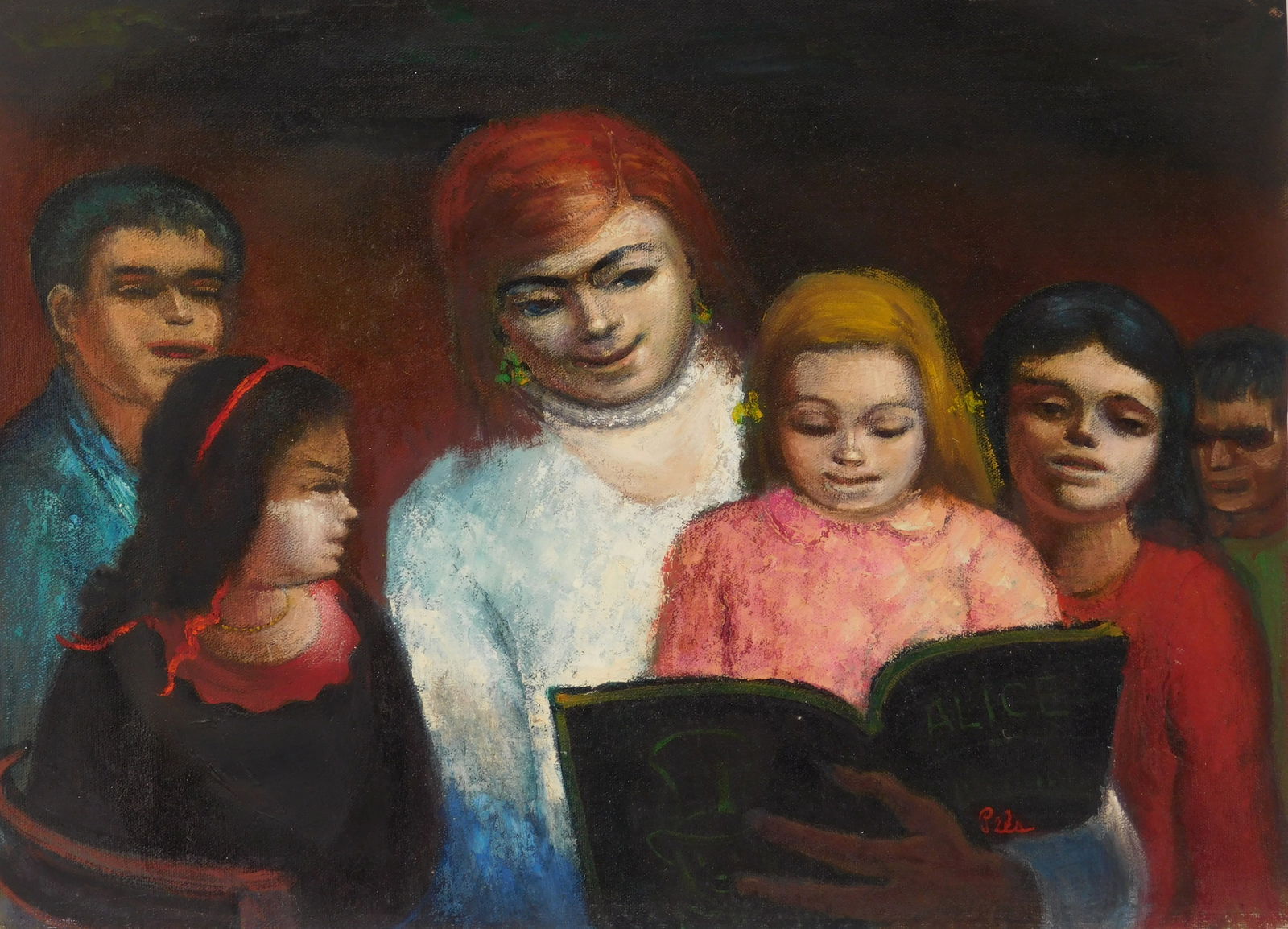 Albert Pels (American, 1910-1998) oil: Fairy Tale Reader oil on canvas, signed Pels lower right, titled verso. 14 7/8 x 20" Provenance: Private collection- New York, NY; By descent estate of the artist.