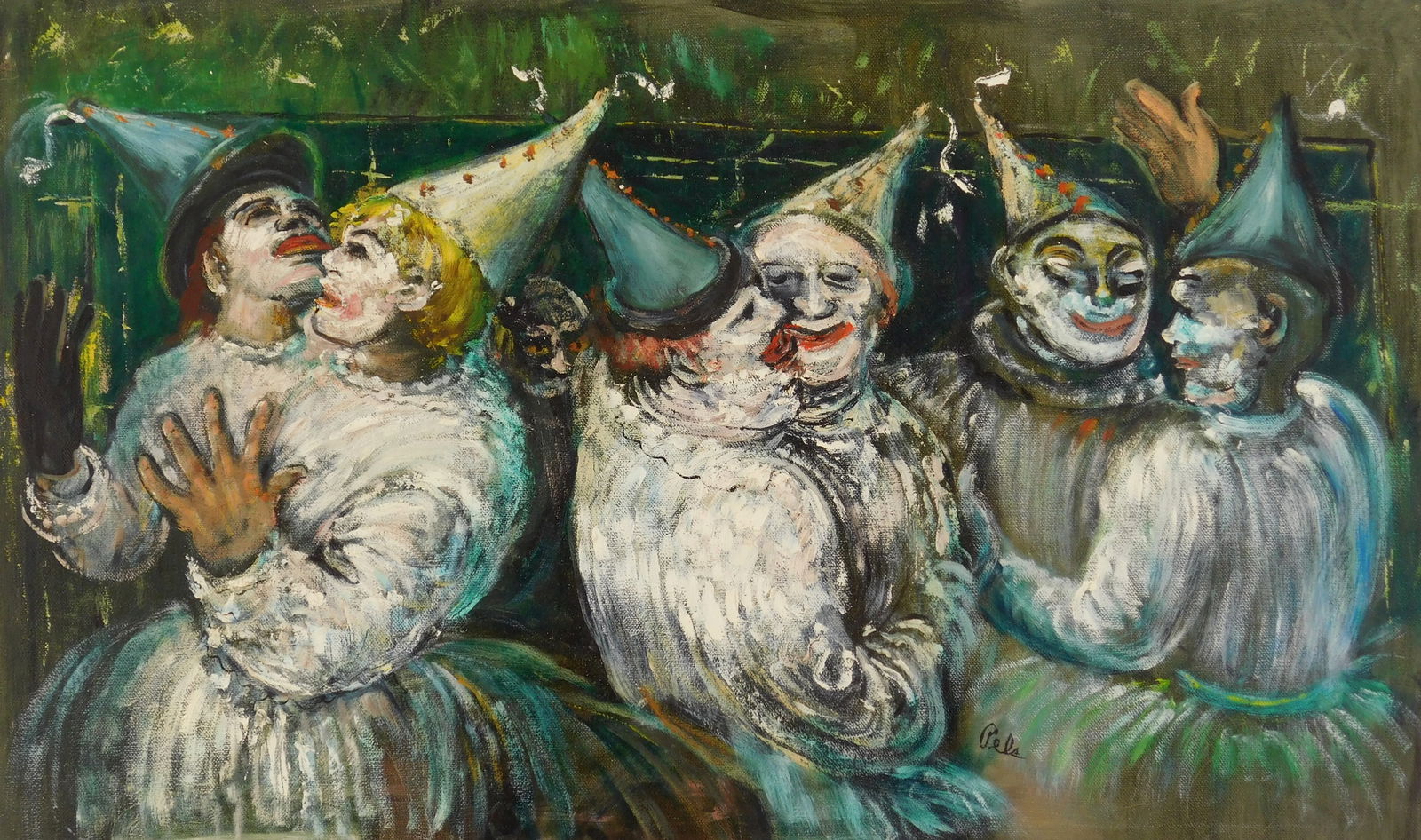 Albert Pels (American, 1910-1998) oil: Clowns Clowning Around oil on canvas, signed Pels lower right, titled verso. 15 3/4 x 25 5/8" Provenance: Private collection- New York, NY; By descent estate of the artist.