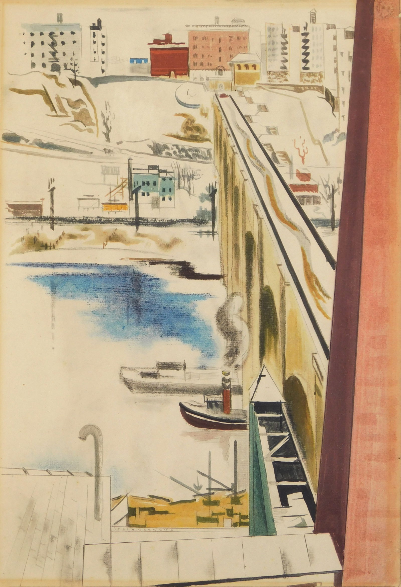Preston Dickinson (American, 1891-1930) mixed media: High Bridge, Harlem River watercolor, ink gouache, charcoal and pastel over a collotype mounted on paperboard, annotated verso. 18 3/4 x 12 7/8" Provenance: The work has been in a private Columbus