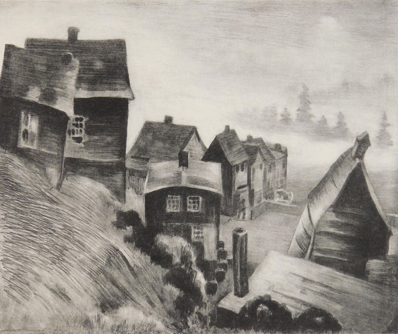 Mabel Dwight (American, 1876-1950) lithograph: Fishing Village, Nova Scotia lithograph, 1931, bears a signature in pencil, edition of 24, matted and framed. 9 1/4 x 11" Literature: Robinson & Pirog 57 Exhibited: Labor & New Deal Art-