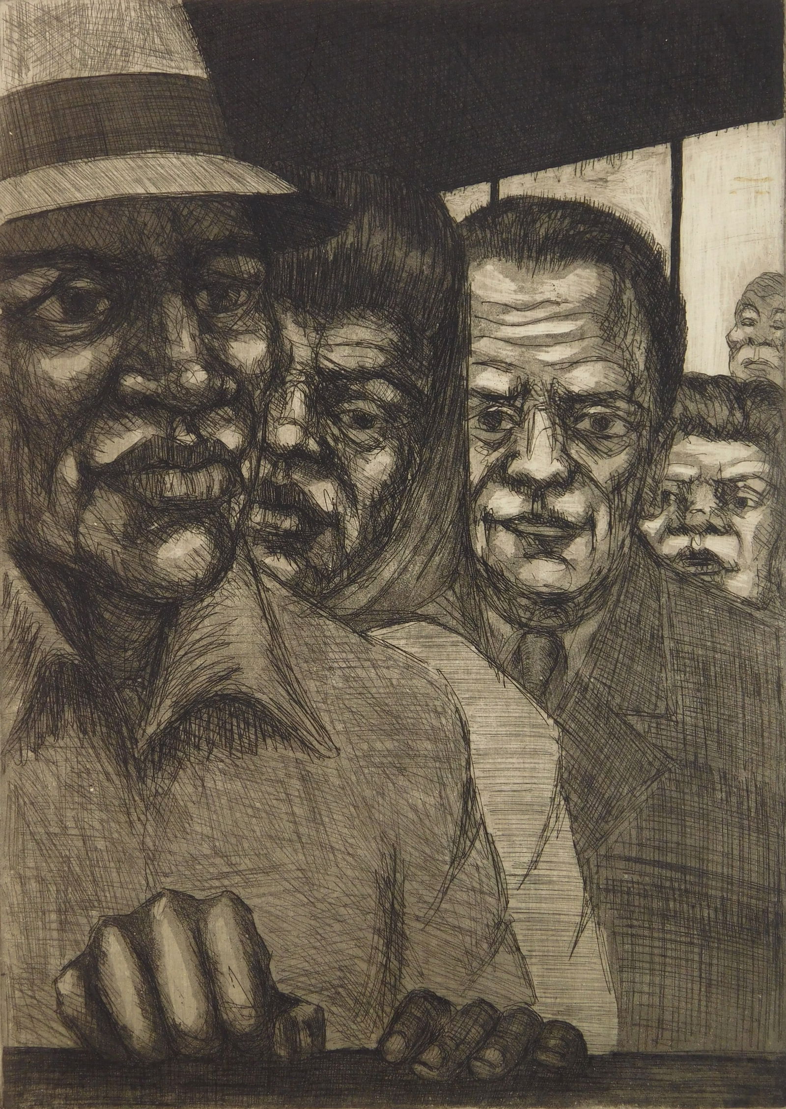 Stanley Koppel (American, 1911-1990) etching: Unemployment Office etching, 1958, signed, dated and titled in pencil. 10 3/4 x 7 3/4" Provenance: Private collection- Broadview Heights, OH