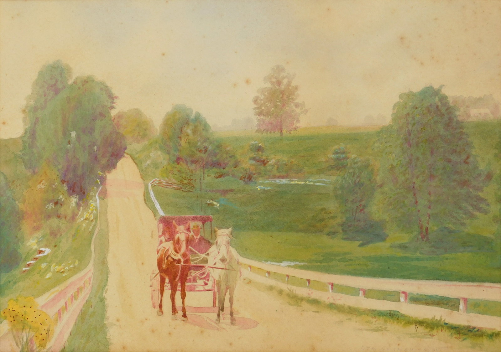 Ora Coltman (American, 1858-1940) watercolor: Big Hollow, Hiram College Looking South watercolor on illustration board, 1905, signed Ora Coltman 1905 lower right, matted and framed. 10 x 14" Provenance: Estate of Anthony Russell White,
