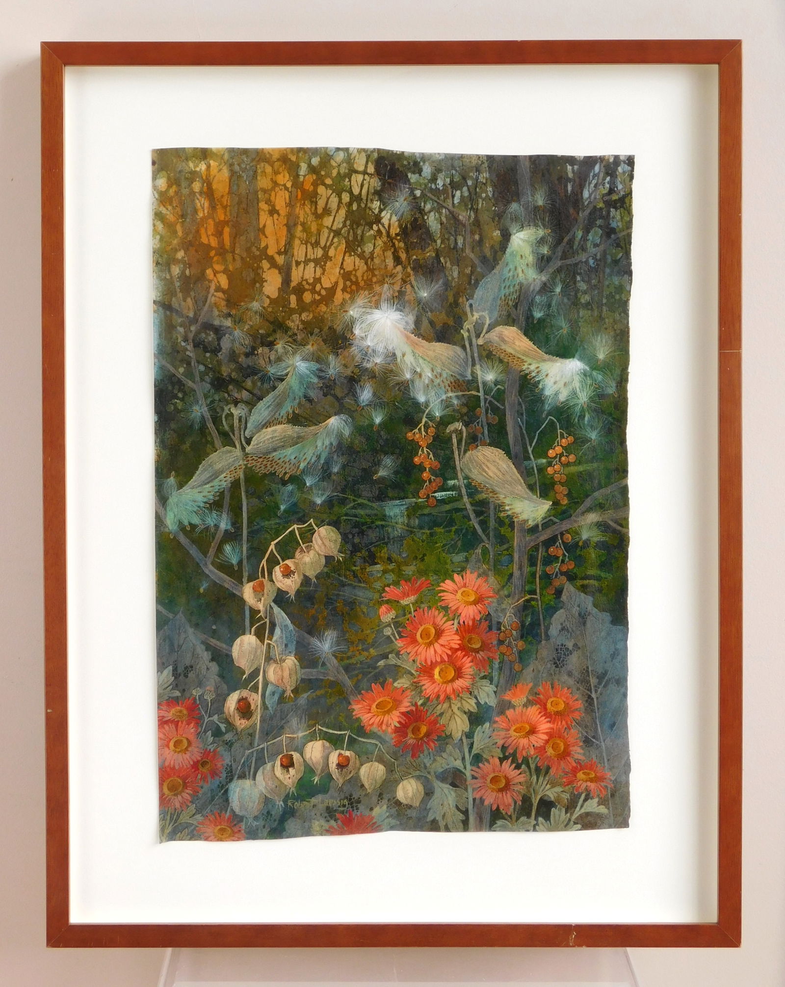 Robert Laessig (American 1913-2010) watercolor: Woodland Scene with Milkweed and Coral Daisies watercolor on paper, singed Robert Laessig lower left, framed. 22 1/2 x 15 1/2" Provenance: A Cleveland area non-profit