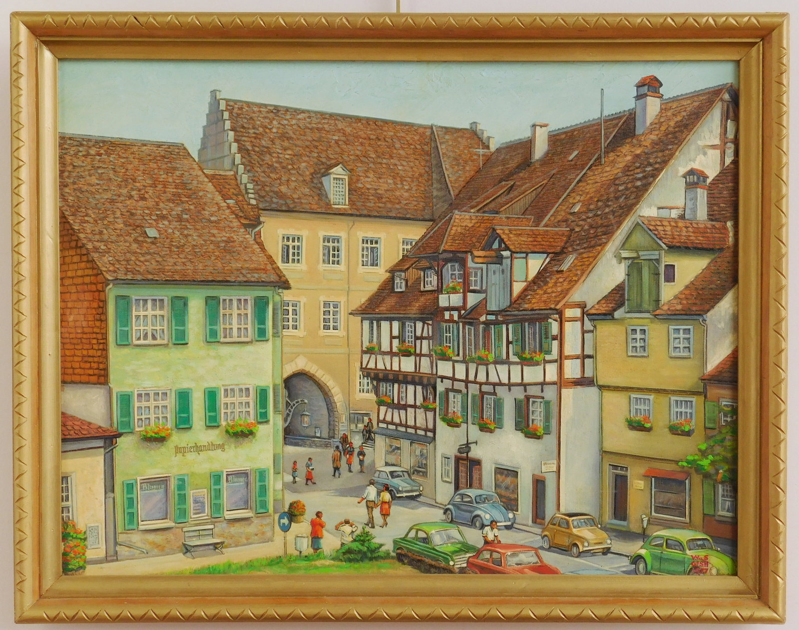 William S. Gisch (American, 1906-1989) oil: European Village oil on board, 1977, signed w. S. Gisch 1977 lower right. 20 1/2 x 27 1/4" Provenance: Private collection- Rocky river, OH Estate of the artist