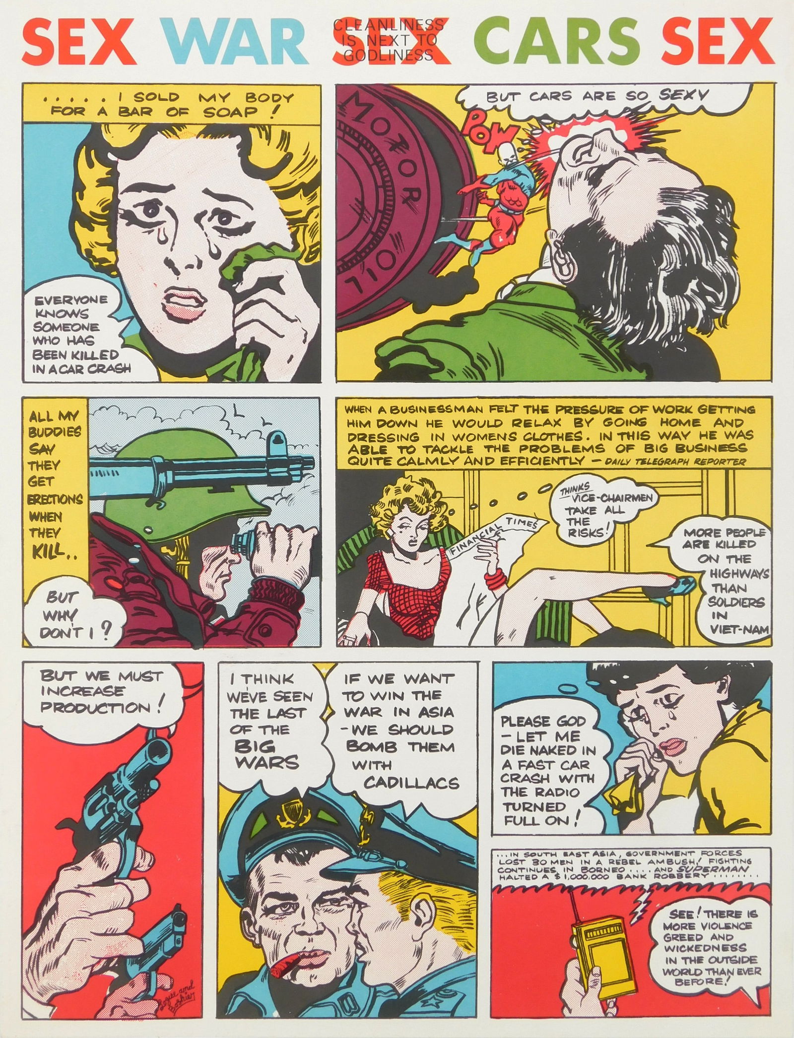 Derek Boshier (British, 1937-2-24) & Christopher Logue (British, 1926-2011) lithograph: Sex War Sex Cars Sex (Cleanliness is Next to Godliness) off-set lithograph, 1970. 23 x 17 1/2" Provenance: Private collection- Lakewood, OH