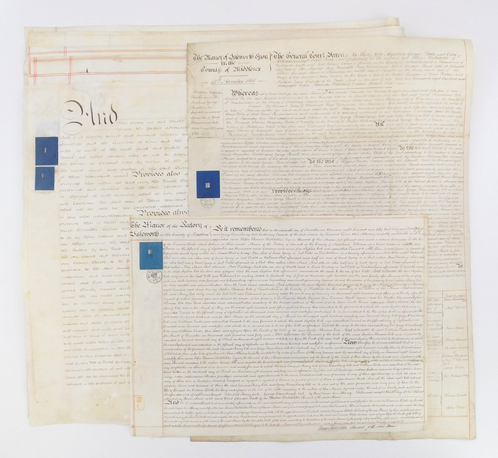 8 19th c. British indentures on vellum: some dated 1868, 23 x 26 1/2" (largest) Provenance: Private collection- Washington, DC
