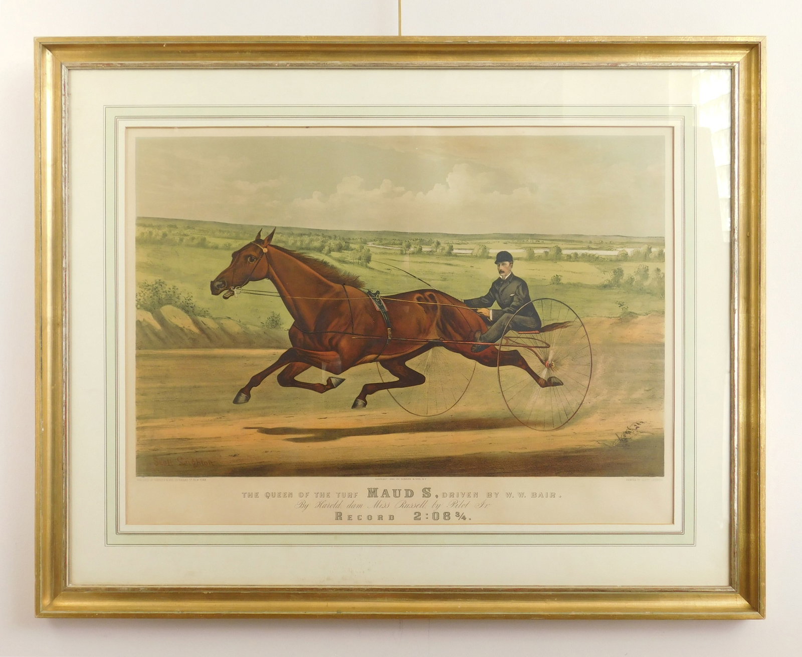 Currier and Ives hand-colored lithograph: The Queen of the Turf Maud S., Driven by W. W. Bair-(Conningham 5016) large folio chromolithograph with hand-coloring on paper, 1880, after a painting by Scott Leighton, Currier & Ives, 115 N
