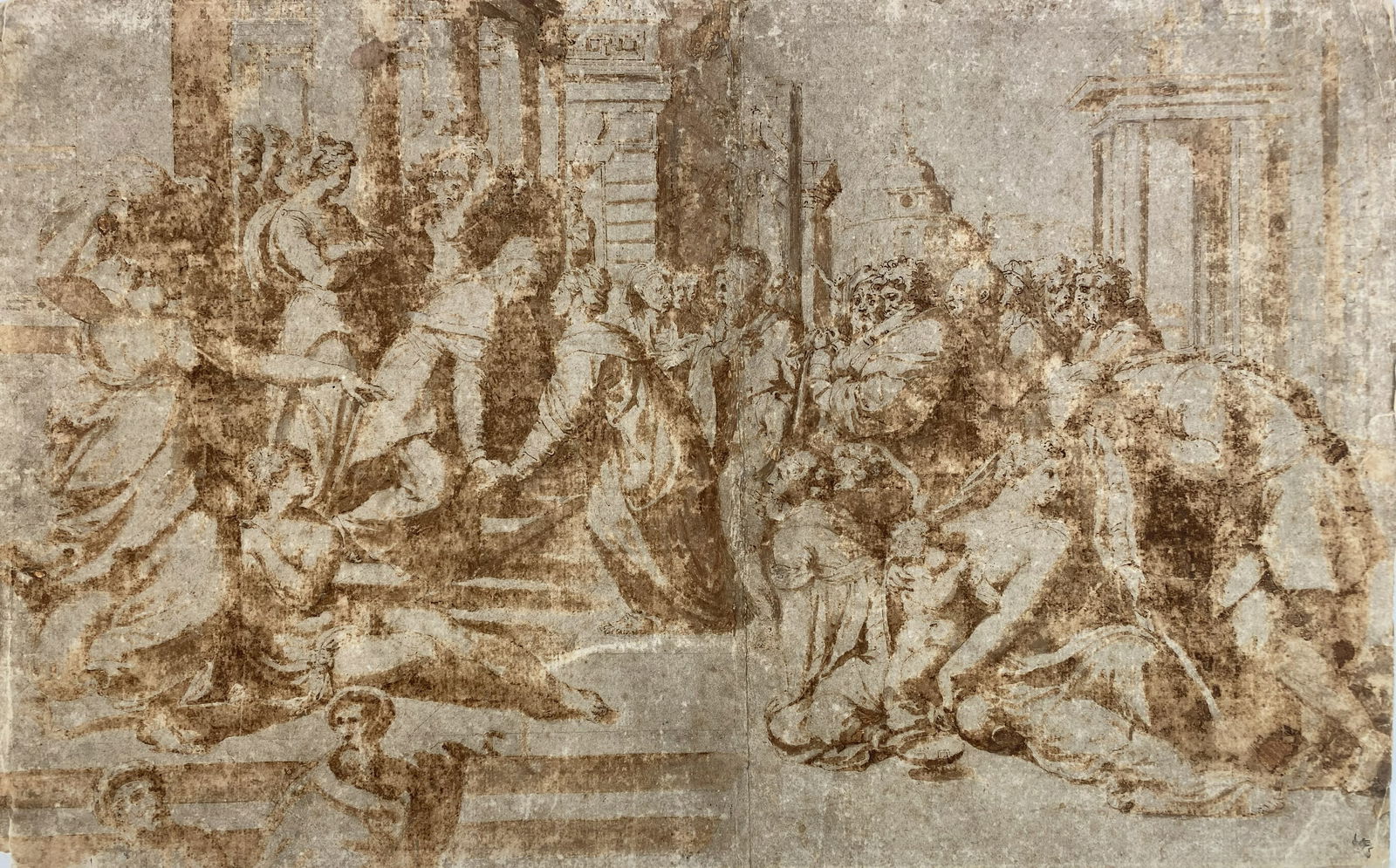 16/17th c. Italian School ink wash: The Visitation ink wash and pencil on laid paper laid to paper, collector's mark lower right corner. 12 3/4 x 19 3/4" This work relates to Francesco Salviati's fresco in the San Gio