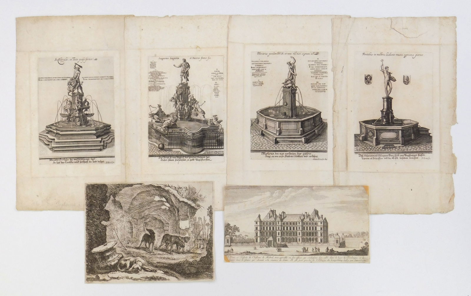 4 Old Masters etchings: 1). Sylvestre Israel (1621-1691)-I Vueu et Fassade du Chateau de Madrid-etching on laid paper, 1657. 5 x 9 1/2" 2). Jan Fyt (1611-1661)- Four Dogs in a Vaulted Ruin- etching