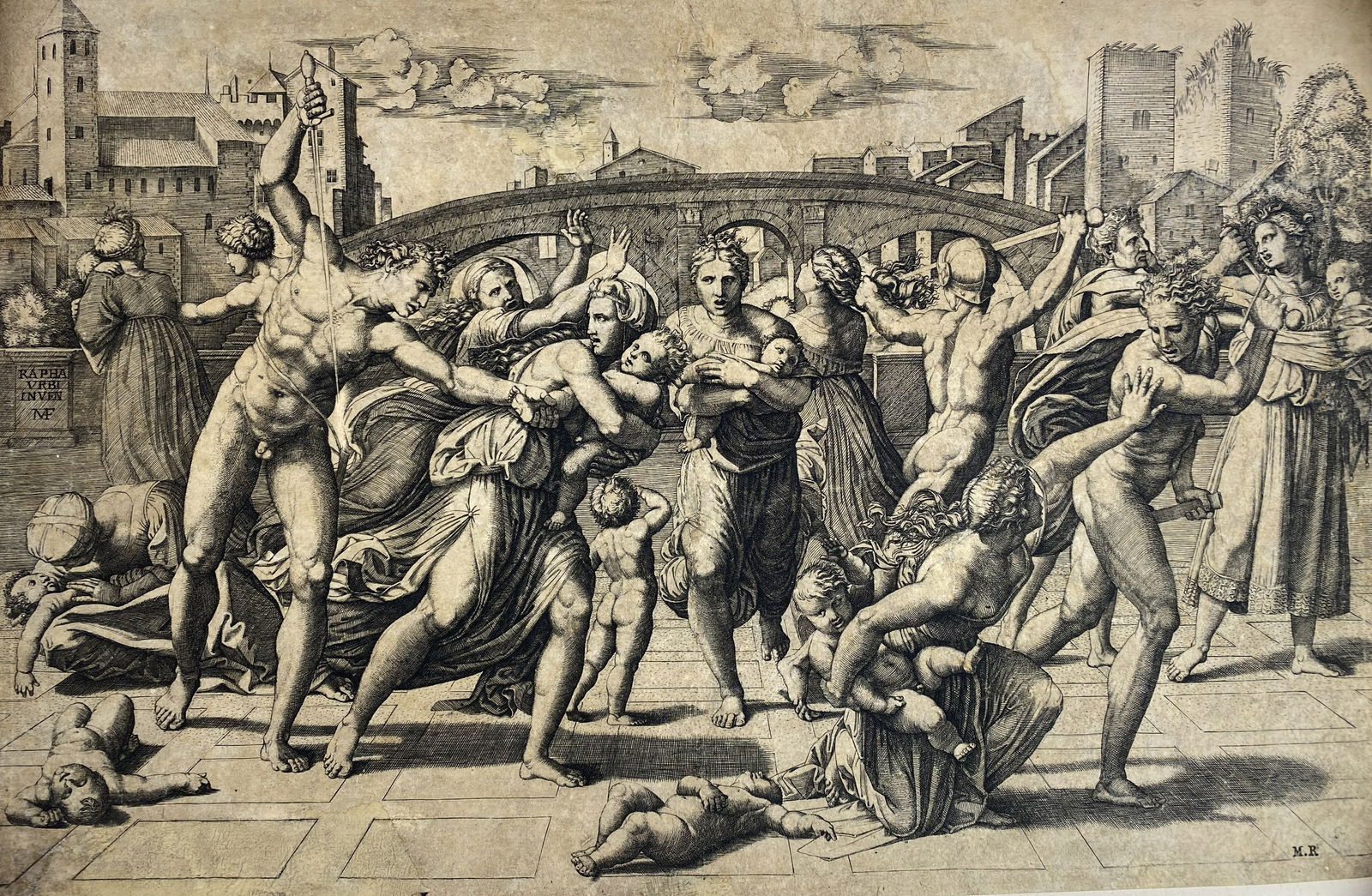 Marcantonio Raimondi (Italian, 1480-1534) engraving: The Massacre of the Innocents engraving on paper mounted to support sheet, ca. 1511-12, after Raphael. 11 x 17" This version is without the pine tree (chicot) at the right. Patricia E