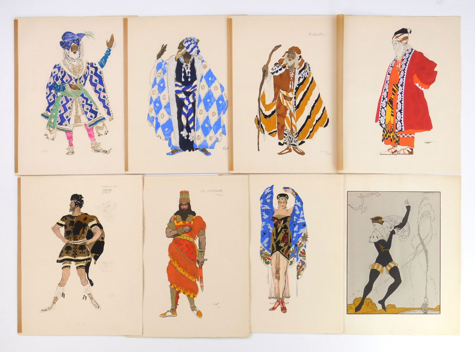 Leon Bakst (Russian, 1866-1924) pochoirs: Costume Design 7 pochoir lithographs in colors, from the collection of costumes from Les Ballets Russe & The Paris Opera; along with George Barbier- Le Pavillion d'Armider,