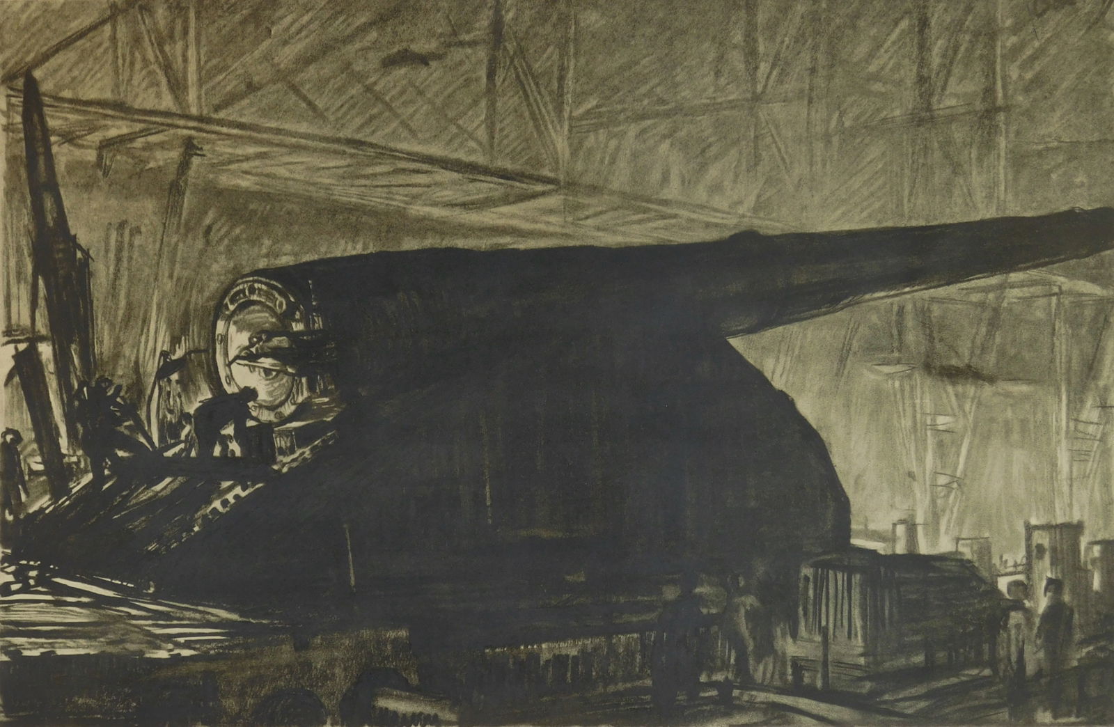 Sir David Muirhead Bone (Scottish, 1876-1953) lithograph: Night Shift Working on a Great Gun lithograph, 1917, signed in pencil. 15 1/5 x 22 1/4" Provenance: Private collection- Tucson, AZ