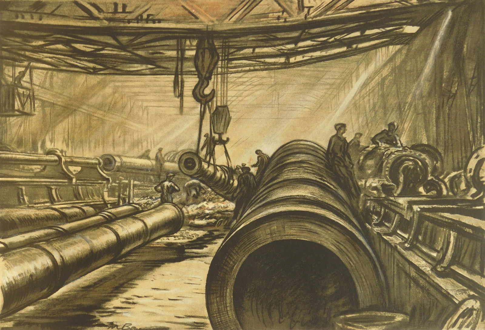 Sir David Muirhead Bone (Scottish, 1876-1953) lithograph: Heavy Gun Bay lithograph, 1917, signed in pencil. 14 1/4 x 20 7/8" Provenance: Private collection- Tucson, AZ