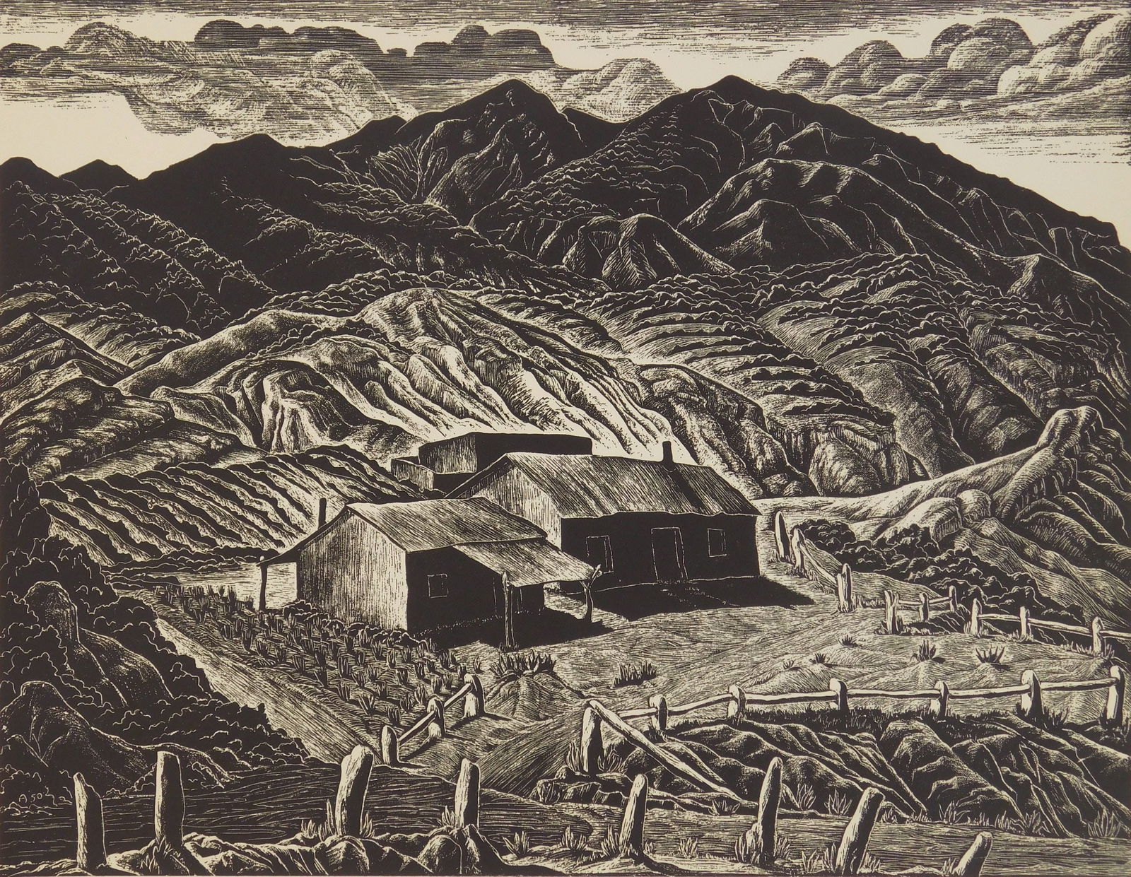Ina Annette (American, 1901-1990) woodcut: Sheep Ranch wood engraving, 1950, signed, dated, titled and numbered 84/380 in pencil. 10 1/2 x 13 5/8'' Provenance: Private collection- Racine, WI
