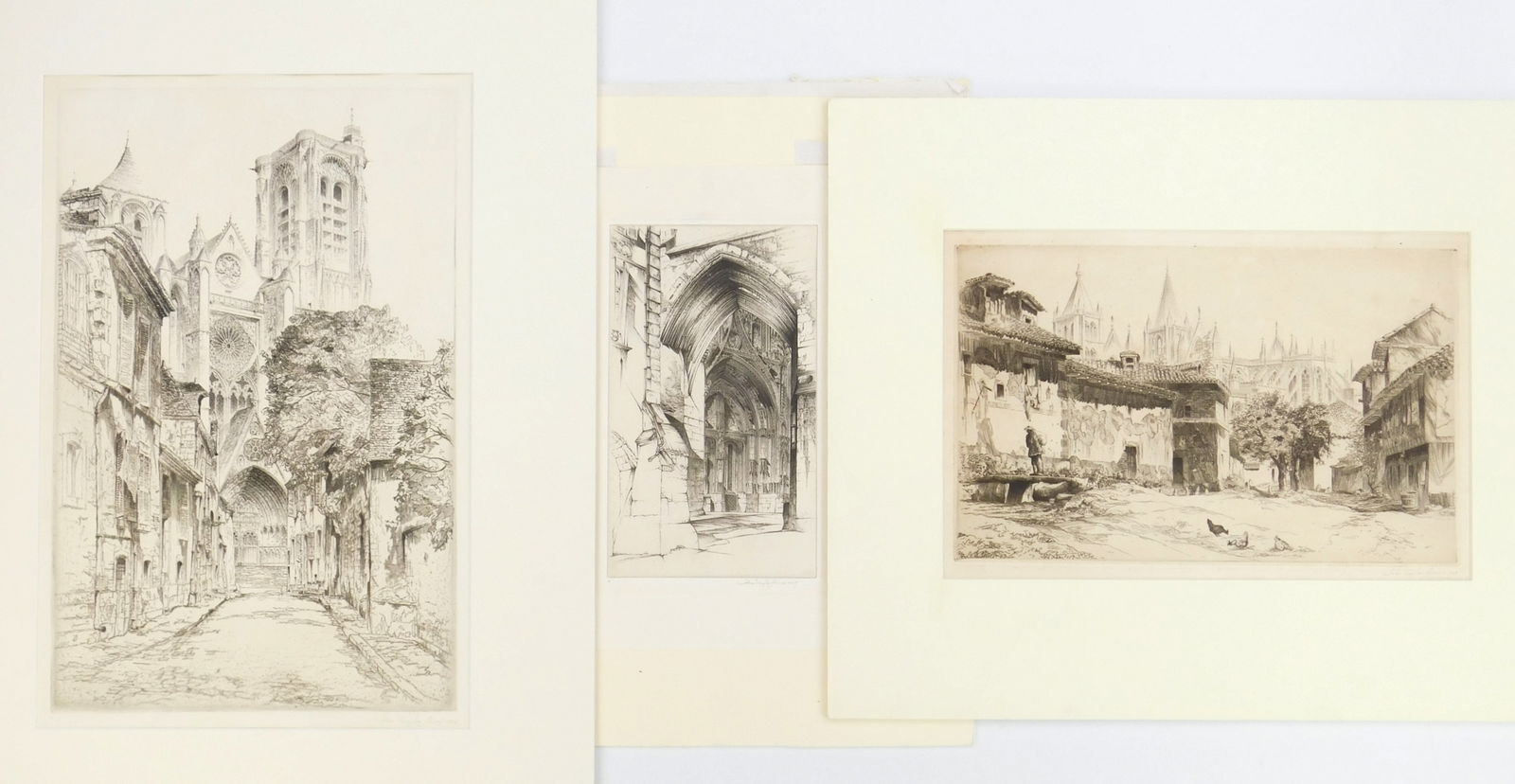 3 John Taylor Arms (American, 1887-1953) etchings: Leon; Bourges (The Cathedral of St. Etienne) & French Lace 3 etchings, 1923, 1925, 1949, each signed and dated in pencil. 14 x 9" largest Literature: Fletcher 140,