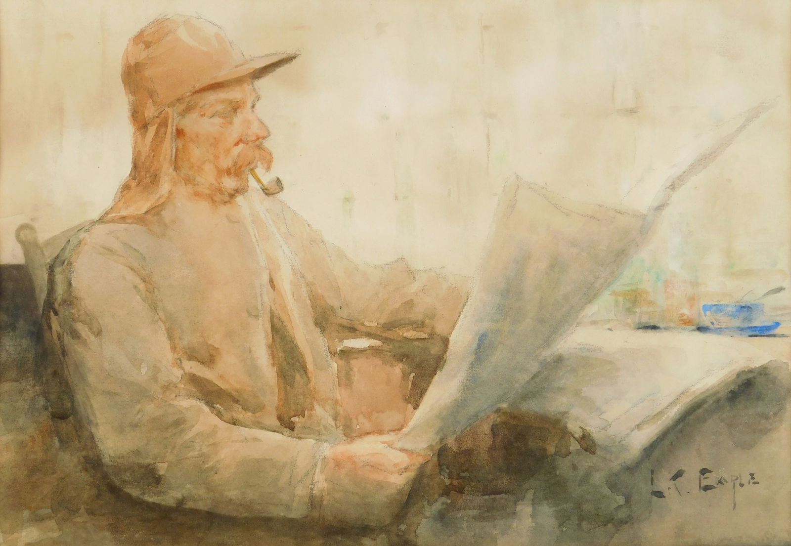 Lawrence Carmichael Earle (American, 1845-1921) watercolor: The Morning News watercolor on paper, signed L. C. Earle lower right, framed. 9 x 13" Provenance: Private collection- Cleveland, OH