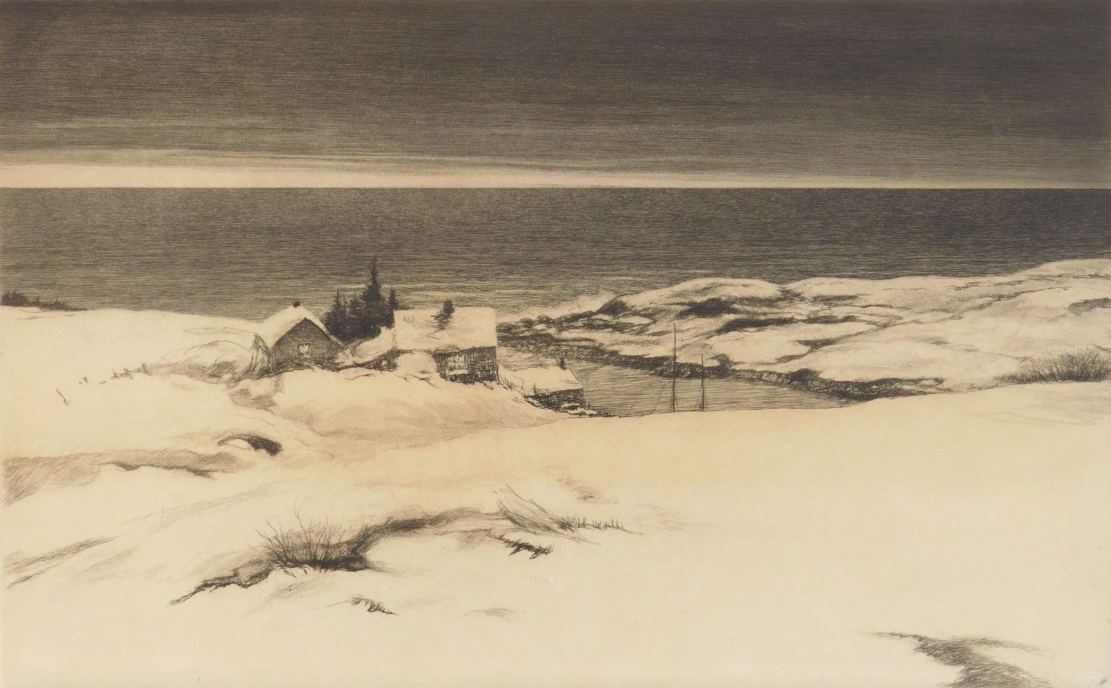 Kerr Eby (American, 1889-1946) etching: Island Winter etching, 1941, signed in pencil, edition of about 100. 9 1/2 x 15 1/8'' Literature: Giardina 204 Provenance: Private collection- Cleveland Heights, OH