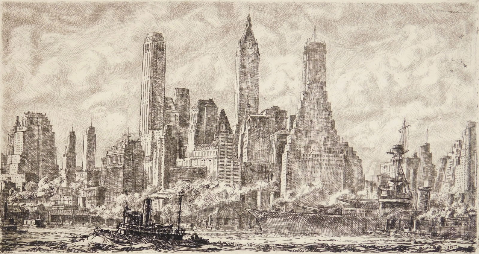 Reginald Marsh (American, 1898-1954) etching: Skyline from Pier 10, Brooklyn etching, 1931, numbered 56/100 in pencil, Whitney Museum publication, blind stamped 'WM' lower right margin. 6 1/4 x 11 7/8'' Literature: Sasowsky 129 Pr