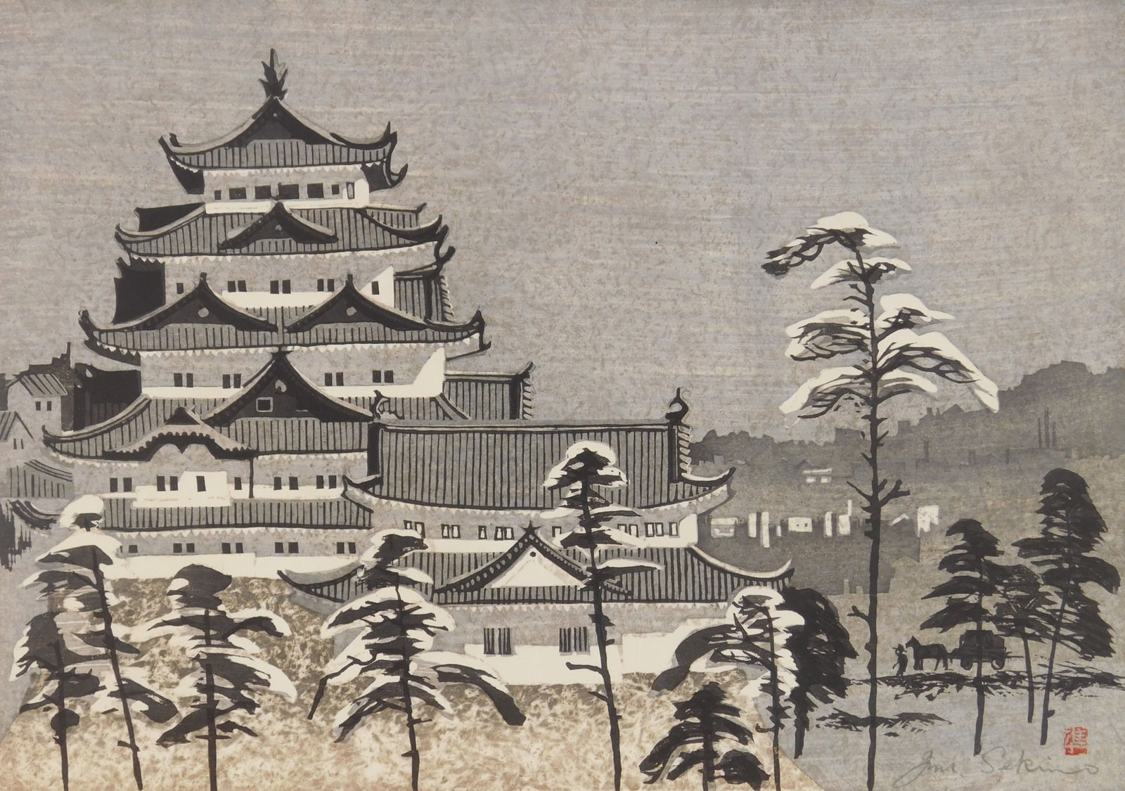 Junichiro Sekino (Japanese, 1914-1988) woodblock: Nagoya Castle woodblock in colors, signed and numbered 42 within the image in pencil. 12 5/8 x 17 15/16" Provenance: Private collection- Cleveland, OH