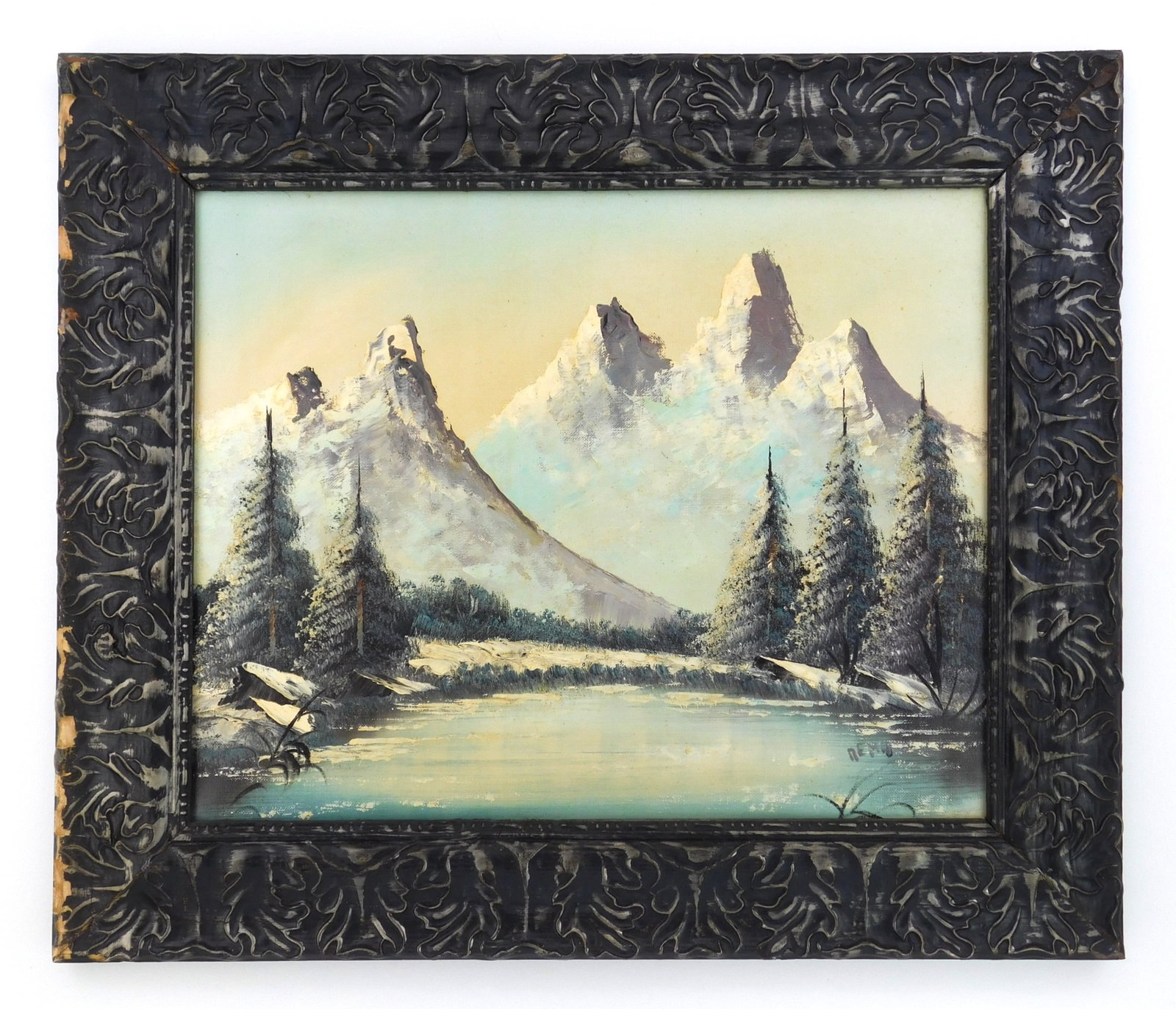 20th c. American School oil: Mountainous Landscape oil on canvas, signed illegibly, framed. 16 x 12" Provenance: Private collection- Elizabethtown, KY