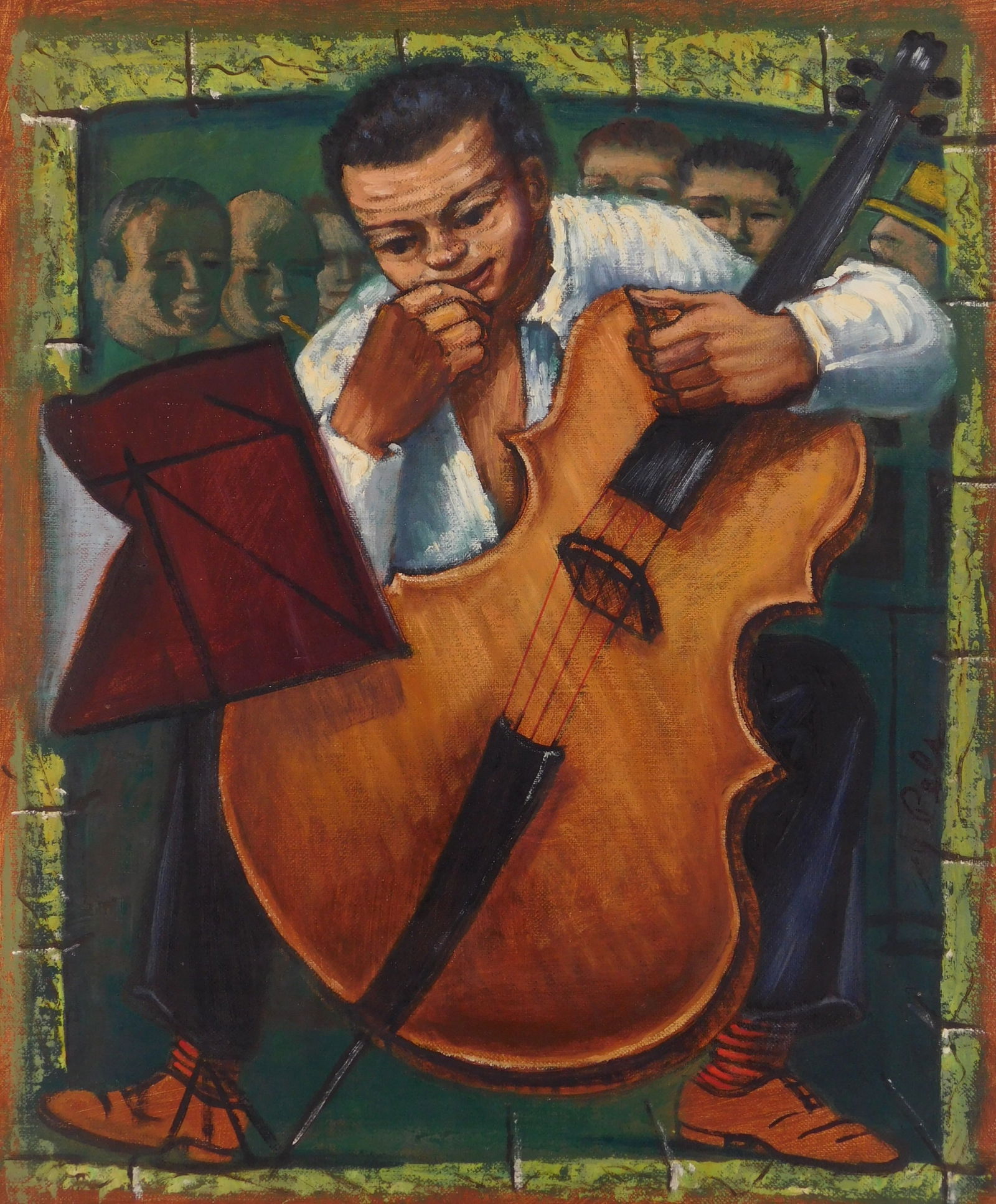 Albert Pels (American 1910-1998) oil: Violinist Studying Music Sheet Oil on canvas (unstretched), signed Pels right center, 20 x 17" Provenance: Private collection- New York, NY By descent estate of the artist.