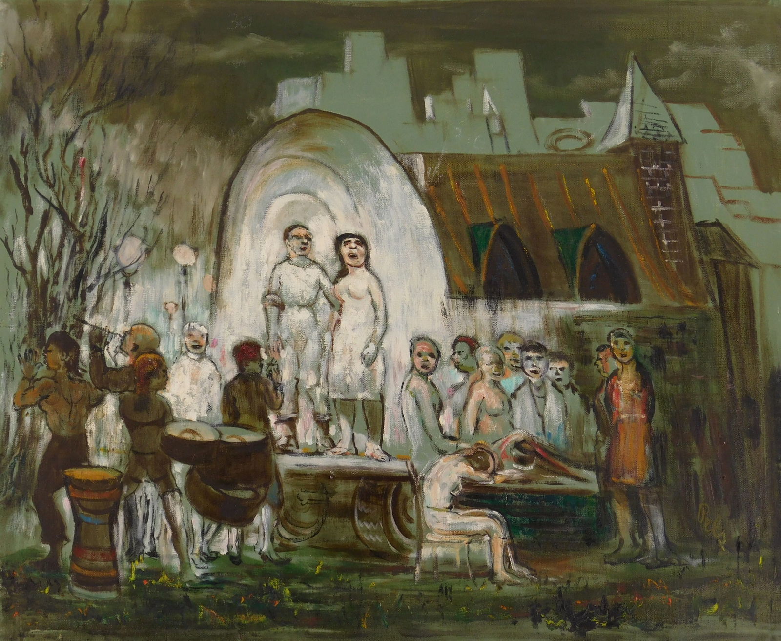 Albert Pels (American, 1910-1998) oil: Summer Theatre- The Ice Man Cometh Oil on canvas (unstretched), signed Pels lower right, 21 7/8 x 25 3/4" Painting on verso Provenance: Private collection- New York, NY By descent estate