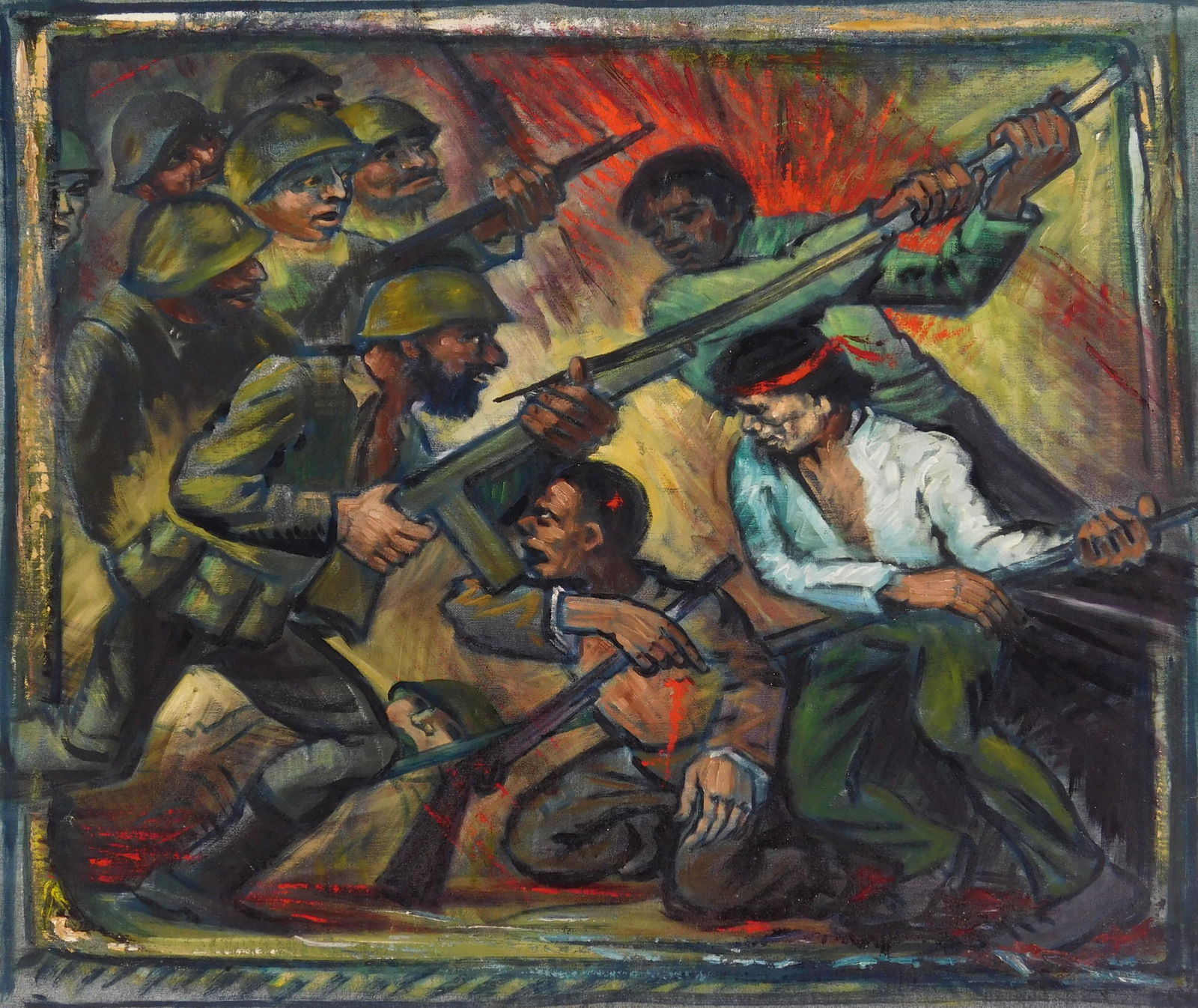 Albert Pels (American 1910-1998) oil: War Scene Oil on canvas (unstretched), 20 1/4 x 24" Provenance: Private collection- New York, NY By descent estate of the artist.