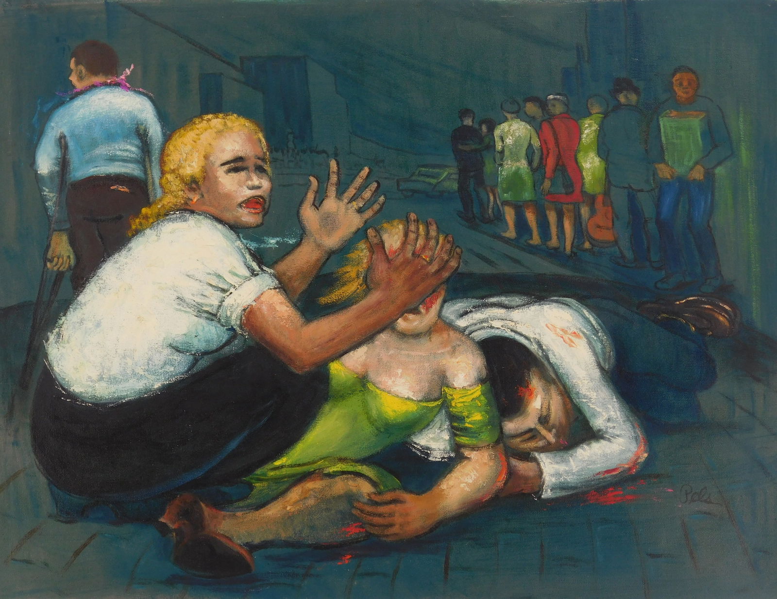 Albert Pels (American 1910-1998) oil: Hit and Run Casualty Oil on canvas (unstretched), signed Pels lower right, 19 1/2 x 25 1/2" Provenance: Private collection- New York, NY By descent estate of the artist.