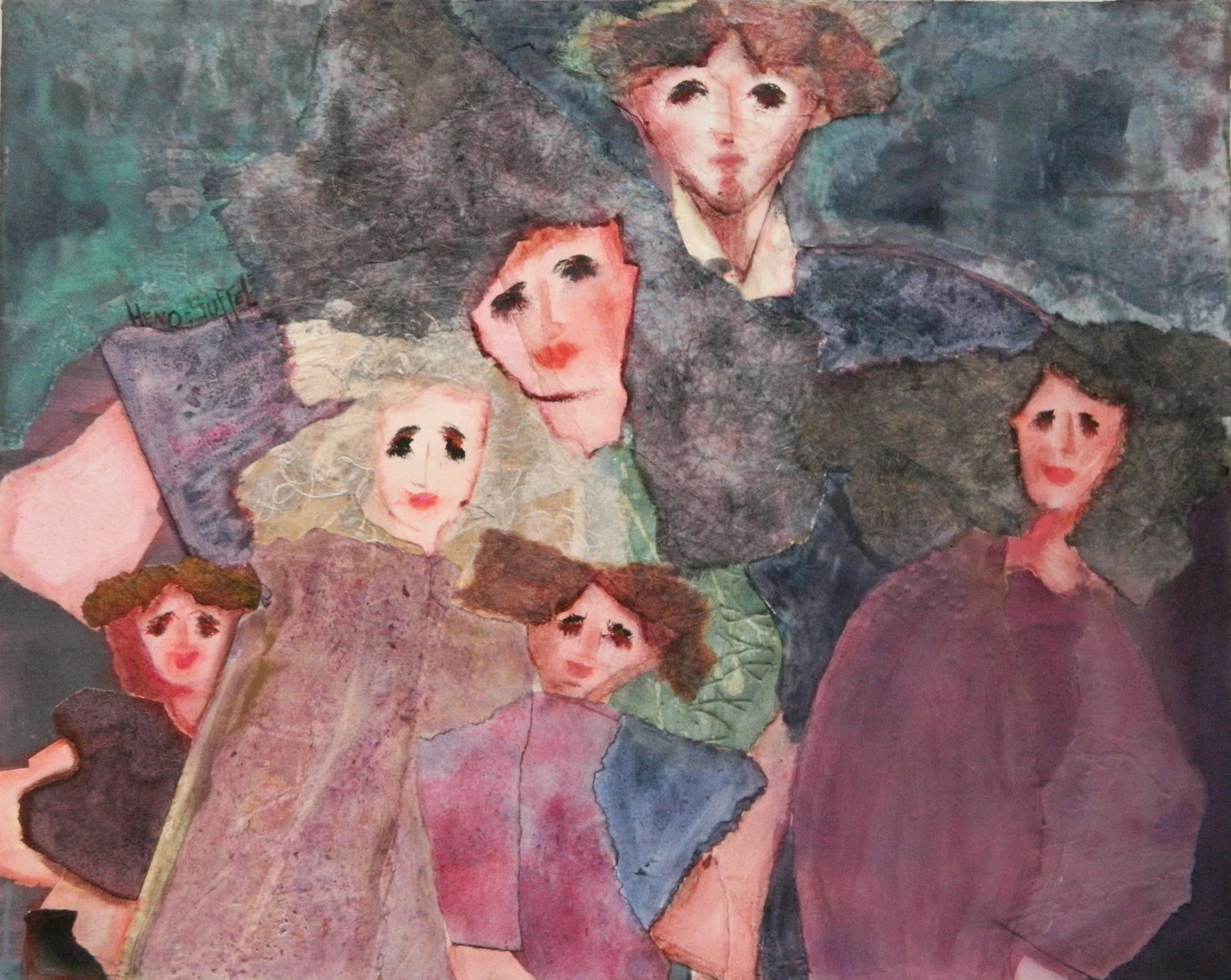 Catherine Heno Suffel (American, 1943- ) acrylic and mixed media: Faces acrylic and mixed media on canvas, signed Heno-Suffel center left. 24 x 30'' Provenance: Private collection- Gates Mills, OH