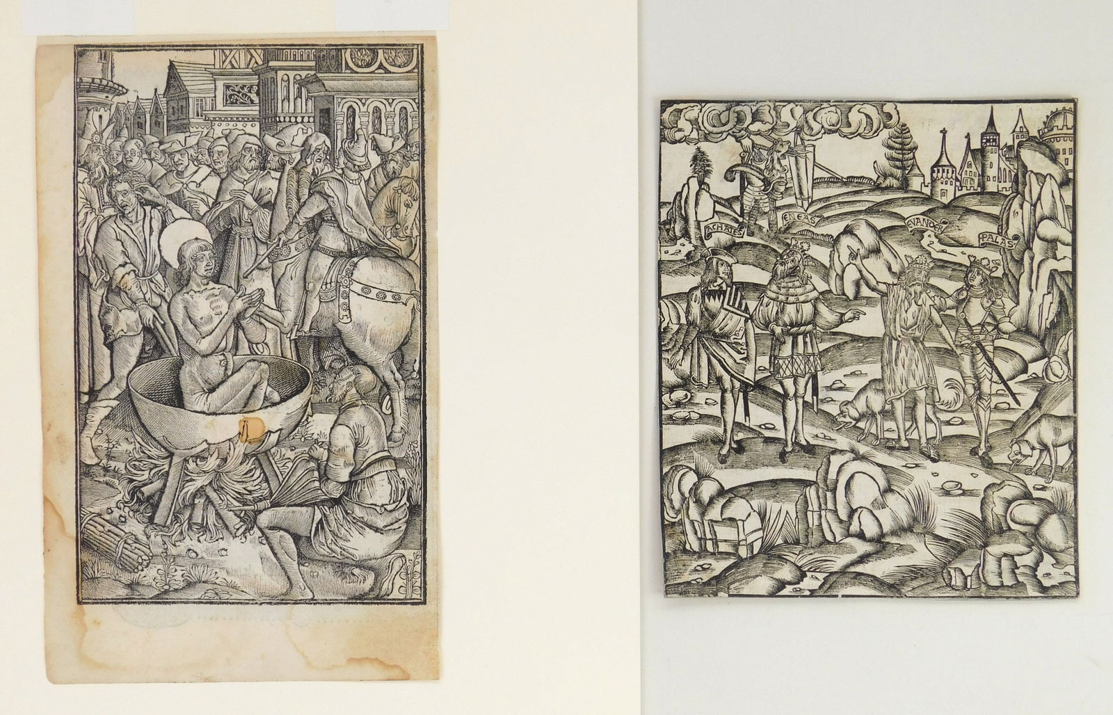 2 16th c. German woodcuts: 1). Achates, Aeneas, Evander and Pallas- woodcut mounted to a blue gray sheet, ca. 1502, done under the supervision of Sebastian Brant. 7 1/8 x 6" 2). St. John before th