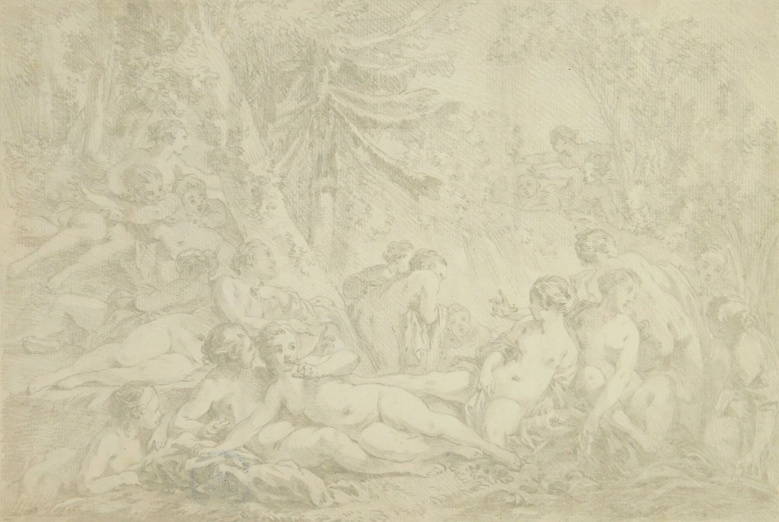 18th c. European School drawing: Diana and her bathing Nymphs being surprised by Actaeon graphite on laid paper with the watermark of C. & I. Honig, verso has three heads, collector's stamp verso. 8 1/2 x 12 1/4" P