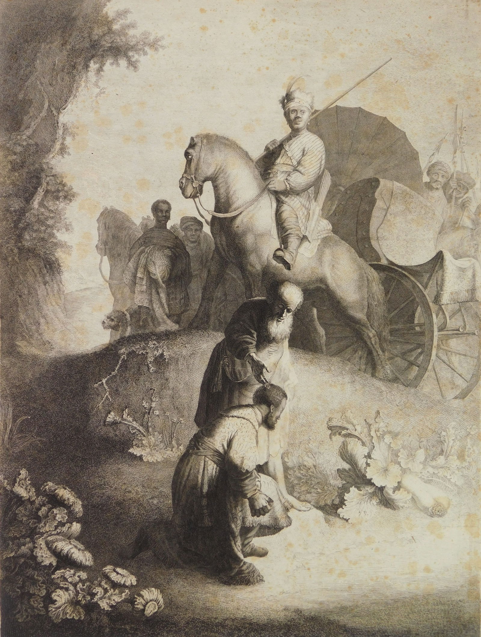 after Rembrandt (Dutch, 1606-1669) etching: The Baptism of the Eunuch etching on laid paper, with watermark (crown and scripture), engraved by Jan van Vliet. 23 3/4 x 18" Provenance: Private collection- Fort Myers, FL ***