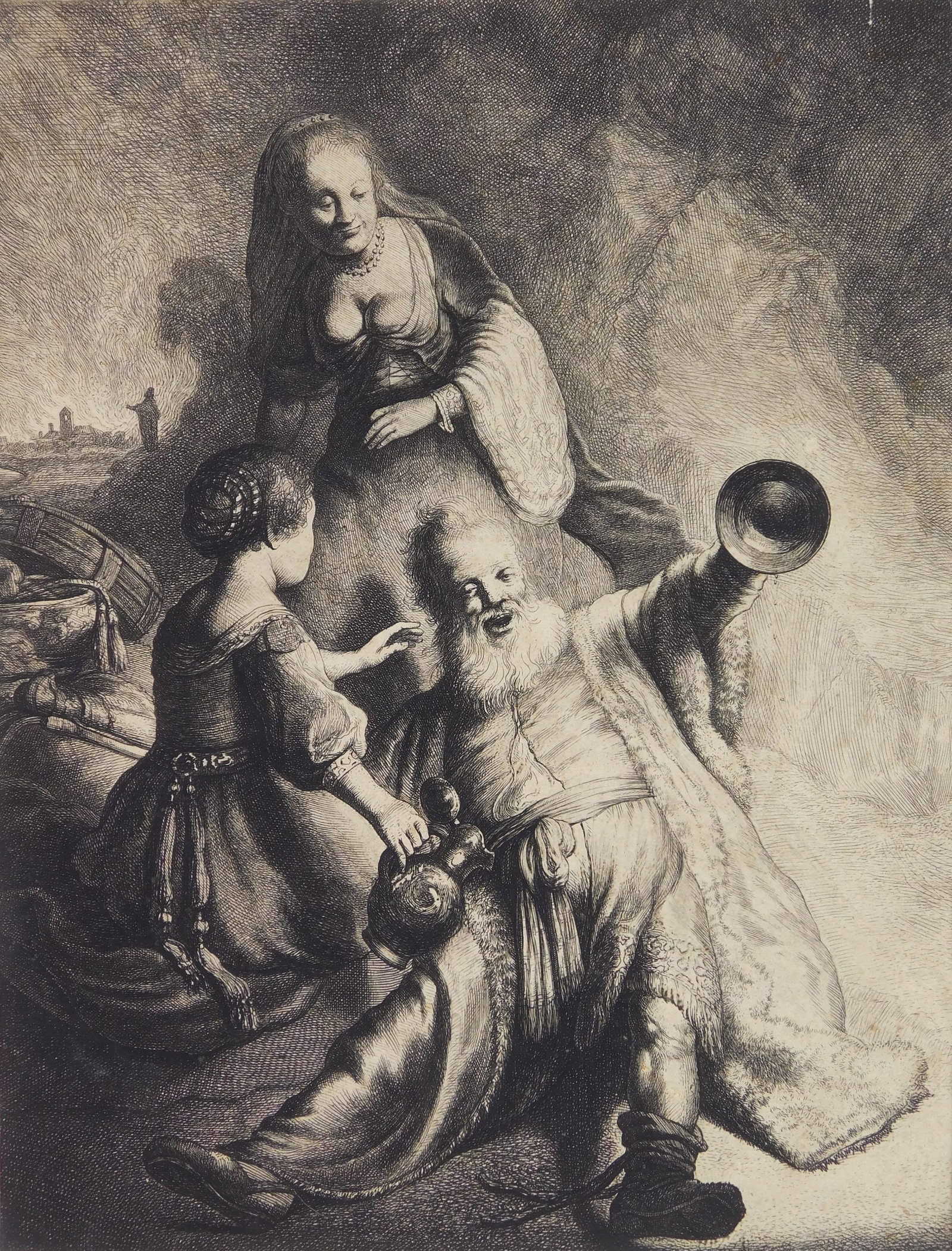 Jan van Vliet (Dutch, fl. 1628-1637) etching: Lots and His Daughters etching on laid paper, after Rembrandt, collector's stamp - Collection d'Arenberg verso (Lugt 567). 10 1/2 x 8" Provenance: Private collection- Fort Myers, FL