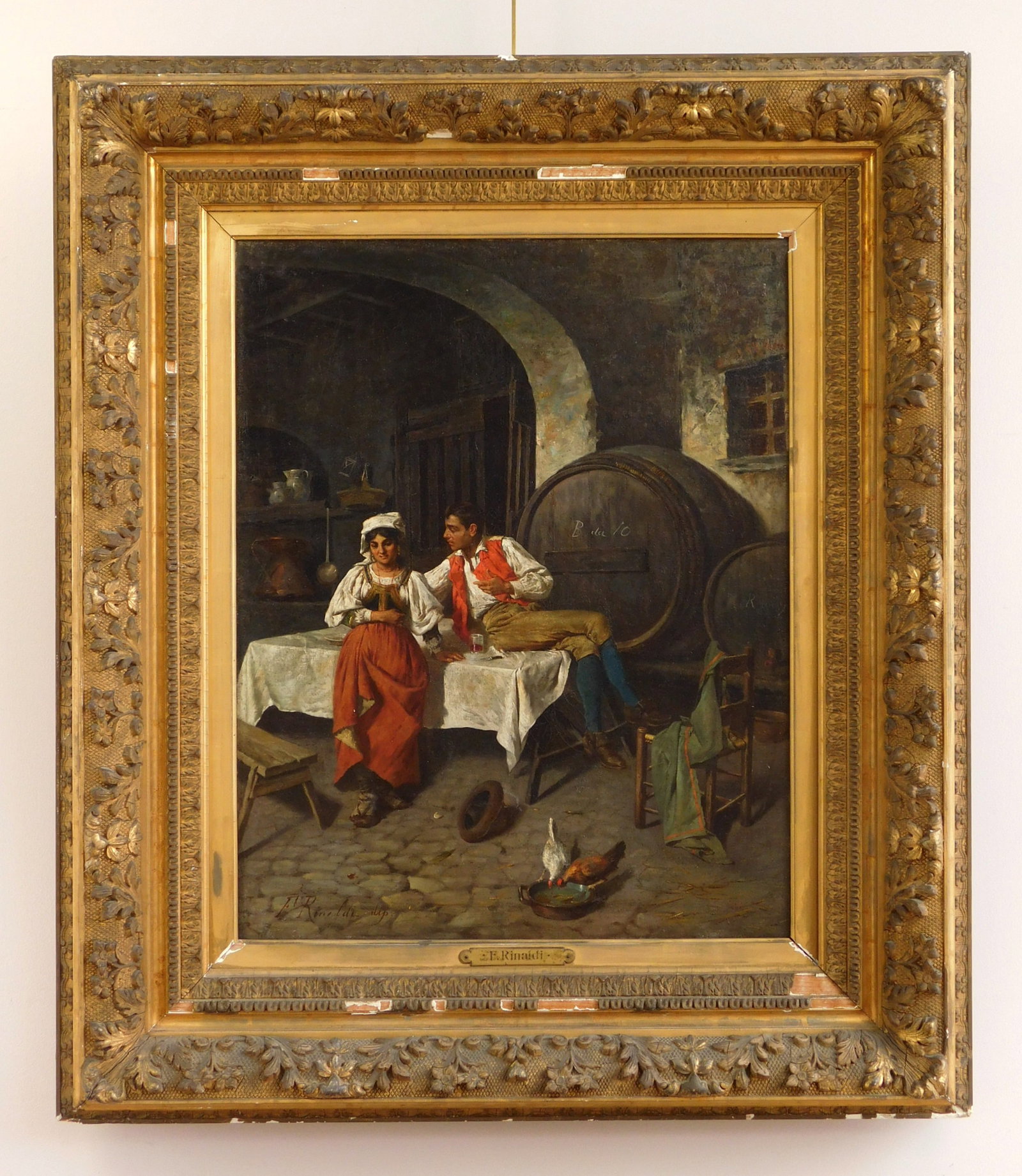 F. Rinaldi (Italian, 19th c.) oil: Afternoon in the Cellar oil on canvas, signed F. Rinaldi lower left, framed. 24 1/2 x 19" Provenance: Private collection- University Heights, OH *** PLEASE READ: IMPORTANT