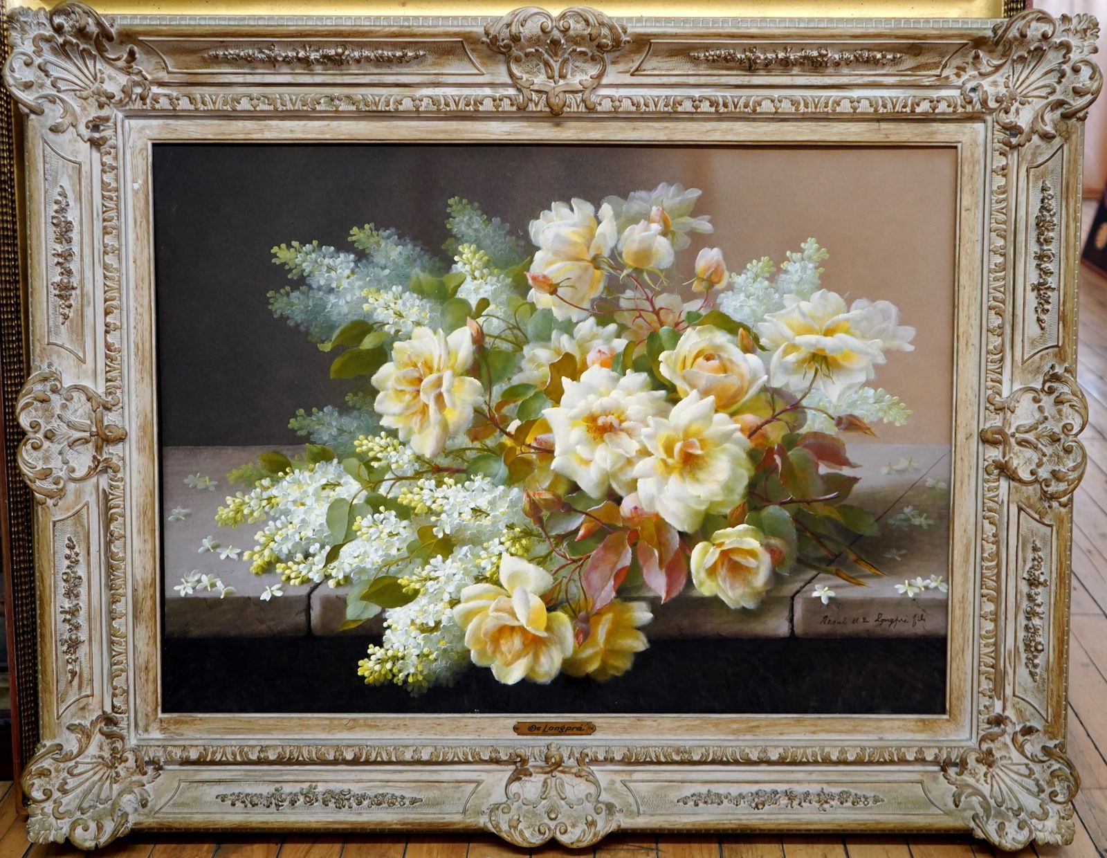 Raoul Maucherat De Longpre (French, 1843 or 59 - 1911) gouache: Lilacs and Roses gouache on cardboard, signed Raoul M. de Longpre fils lower right, framed. 21 x 28 1/2" Provenance: Private collection- Bay Village, OH *** PLEASE READ: IMPORTAN