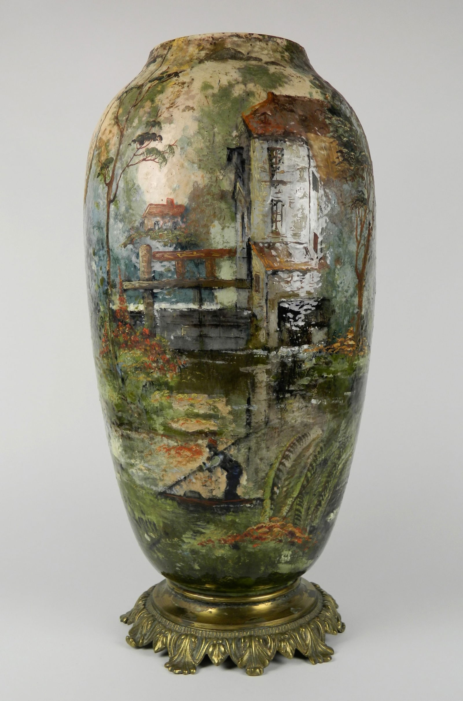 Auguste Lepere (French, 1849-1918) glazed earthenware vase: Panoramic Scene glazed ceramic vase with panoramic landscape, signed A. Lepere. 22''h Provenance: Private collection- rocky River, OH *** PLEASE READ: IMPORTANT NOTE About S&H