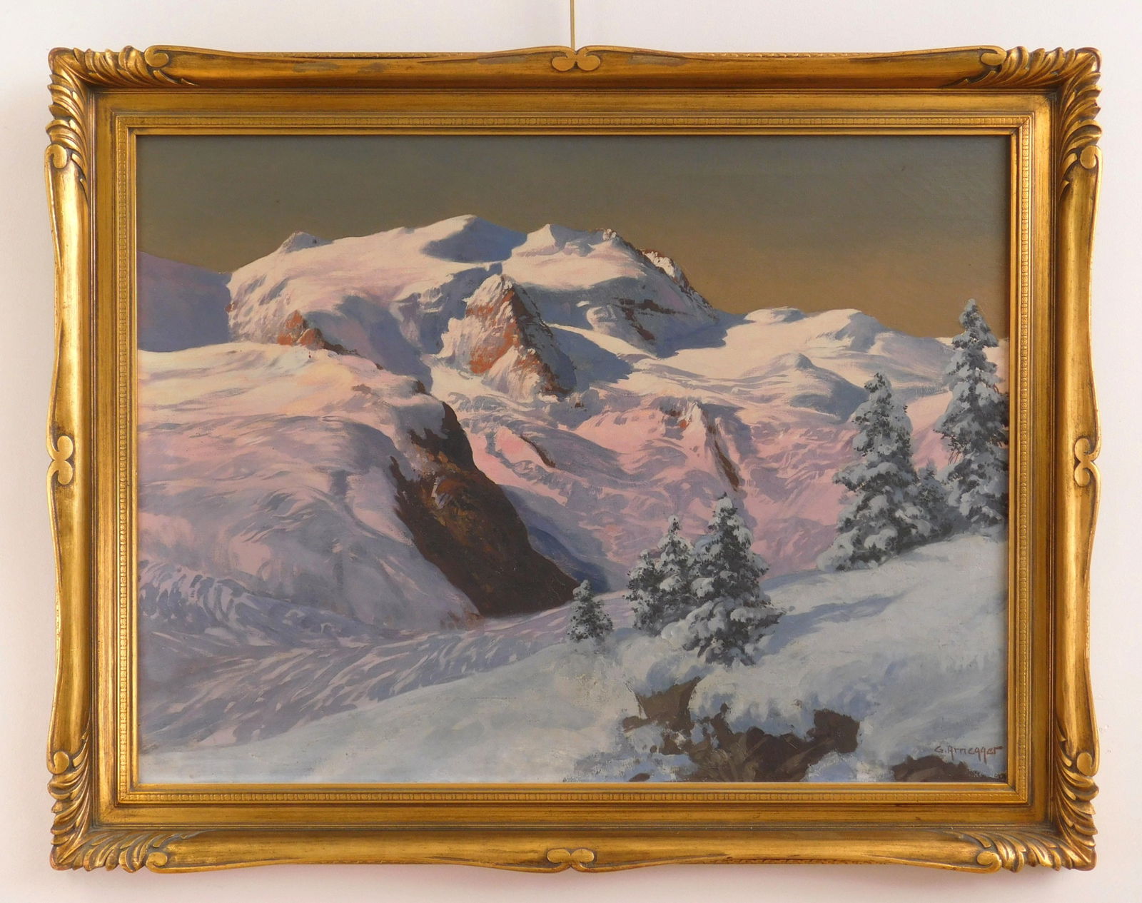 Gottfried Arnegger (Austrian, 1905-1943) oil: Winter Landscape oil on canvas, signed G. Arnegger lower left, framed. 24 x 32" Provenance: Private collection- Akron, OH *** PLEASE READ: IMPORTANT NOTE About S&H ***</