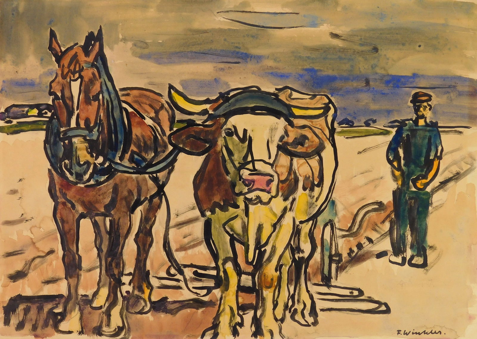 Fritz Winkler ( German, 1894 - 1964) watercolor and ink on paper: Horse, Oxen and Figure watercolor and ink on paper, signed F. Winkler lower right. 16 3/4 x 23 1/2'' Provenance: Private collection- Cleveland, OH *** PLEASE READ: IMPORTANT NOTE Ab