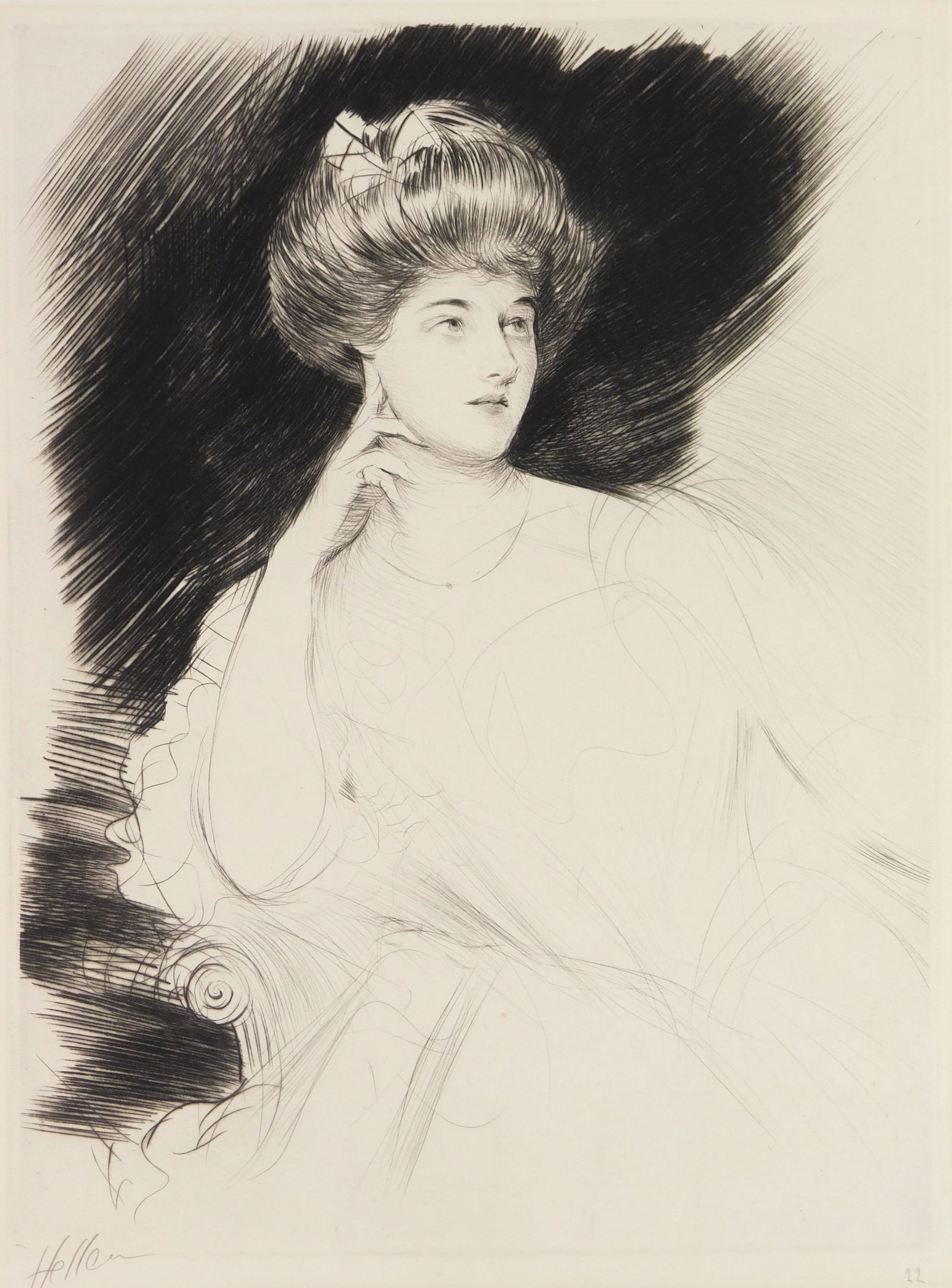 Paul Cesar Helleu (French, 1859-1927) drypoint: La Reveuse drypoint, ca. 1898, signed and numbered 22 in pencil, Brilliant impression with rich burr and retroussage in the shadows, on pale cream laid paper. 15 1/2 x 11 3/4'' Provenance: Pri