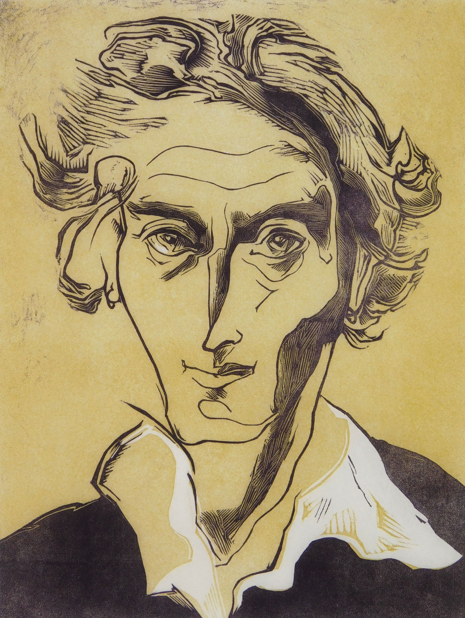 Gertrude Hermes (Britsh, 1901-1983) wood engraving: Self- Portrait wood engraving in colors, 1949, signed and dated in pencil. 7 7/8 x 5 7/8" Provenance: Private collection- Cleveland Heights, OH *** PLEASE READ: IMPORTANT NOTE Ab