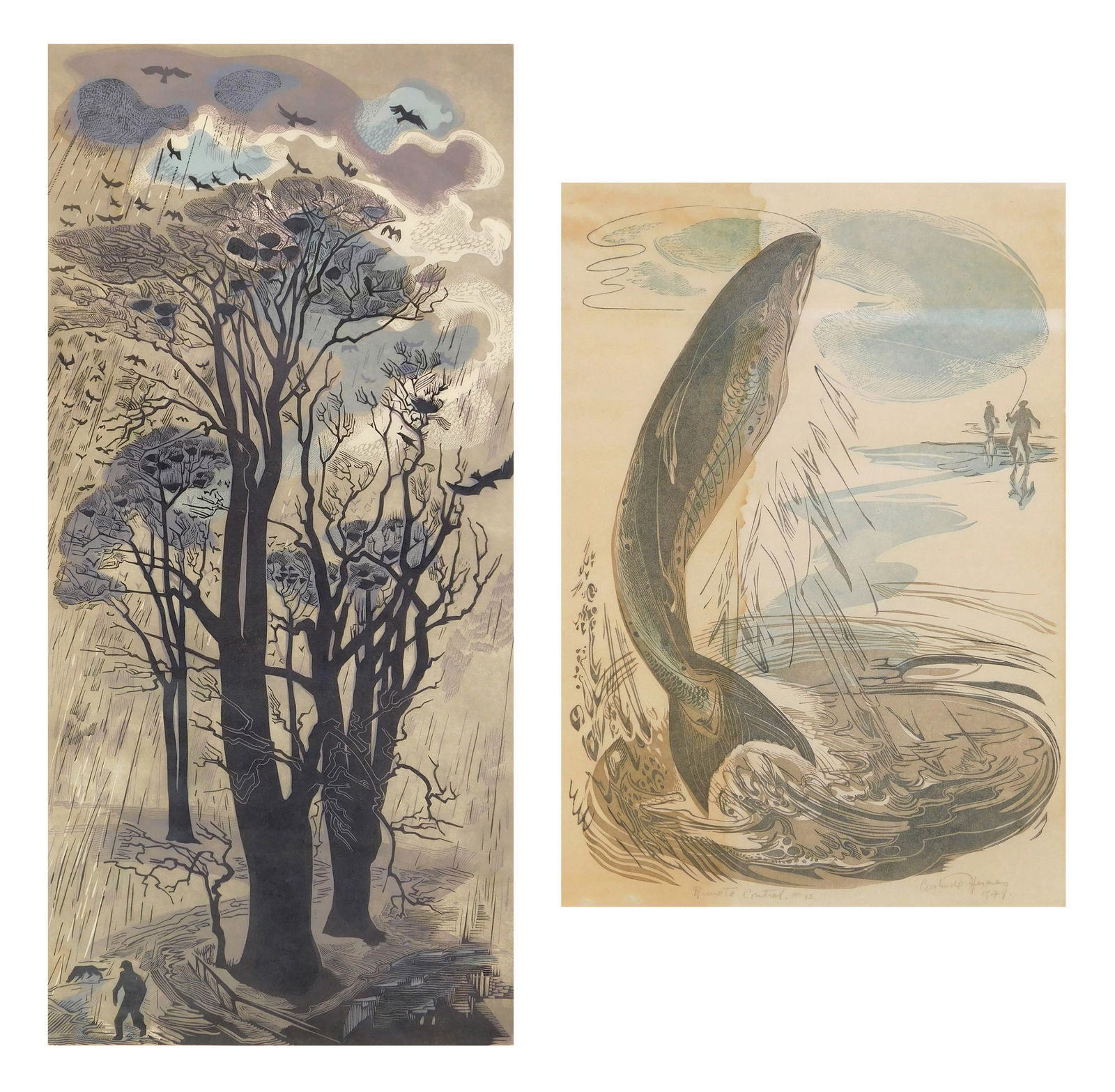 2 Gertrude Hermes (British, 1901-1983) wood engravings: 1). Remote Control- woodcut in colors, 1949, signed, dated, titled and annotated No. 13 in pencil. 20 x 14 1/2" 2). Rooks and Rain- woodcut in c