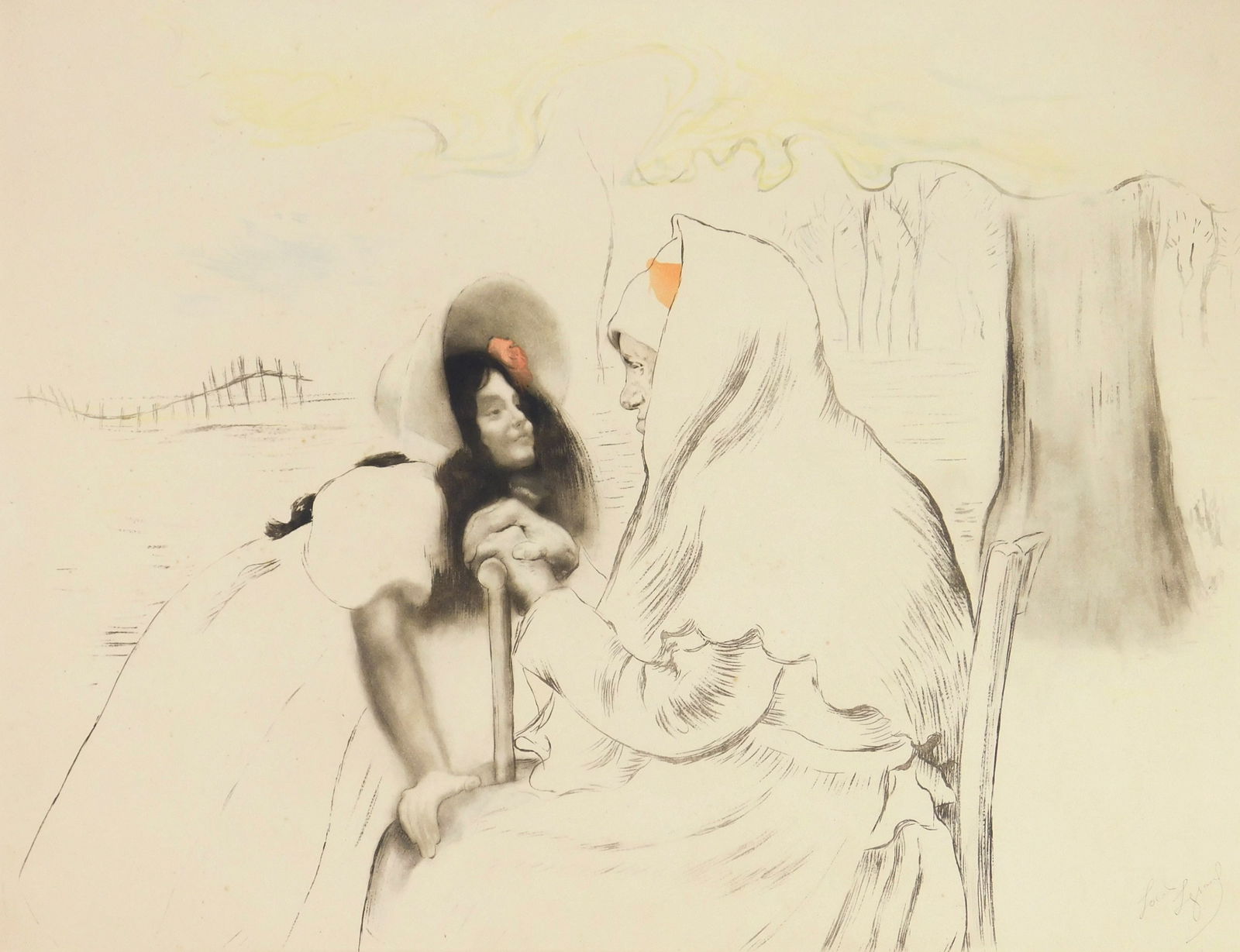 Louis A. Legrand (French, 1863-1951) etching: L'Aieule etching and aquatint in colors, 1904, signed and numbered 4 in pencil. 14 1/8 x 18 3/4'' Literature: Arwas 202 Provenance: Private collection- Cleveland, OH